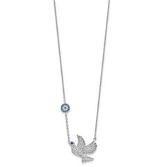 Sterling Silver Rhodium-plated Blue and Clear CZ Dove 16 inch Necklace with 2 inch extension