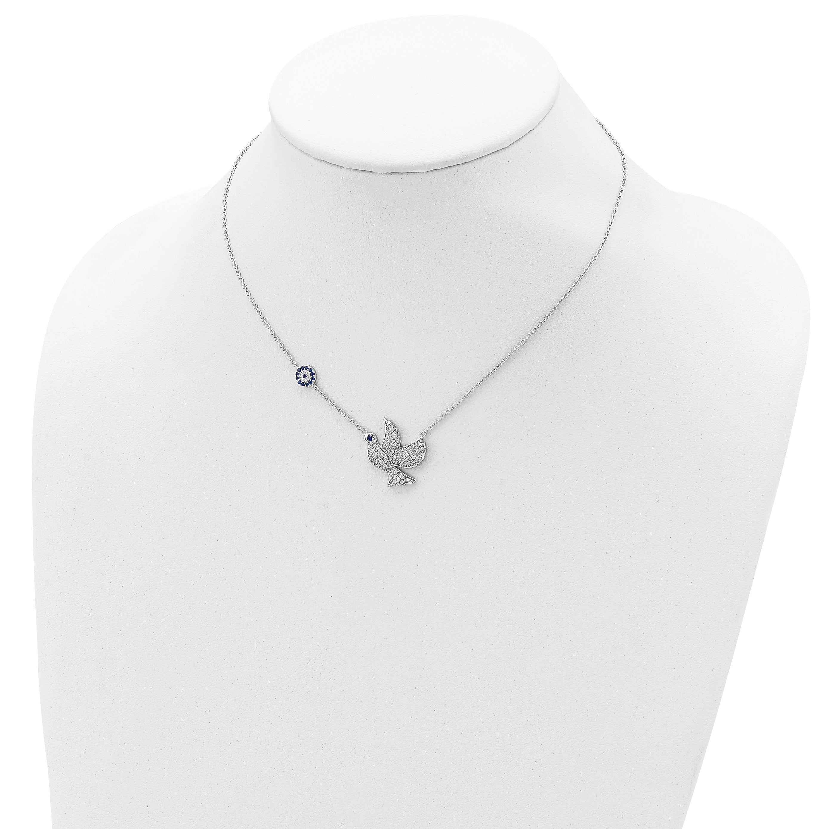 Sterling Silver Rhodium-plated Blue and Clear CZ Dove 16 inch Necklace with 2 inch extension