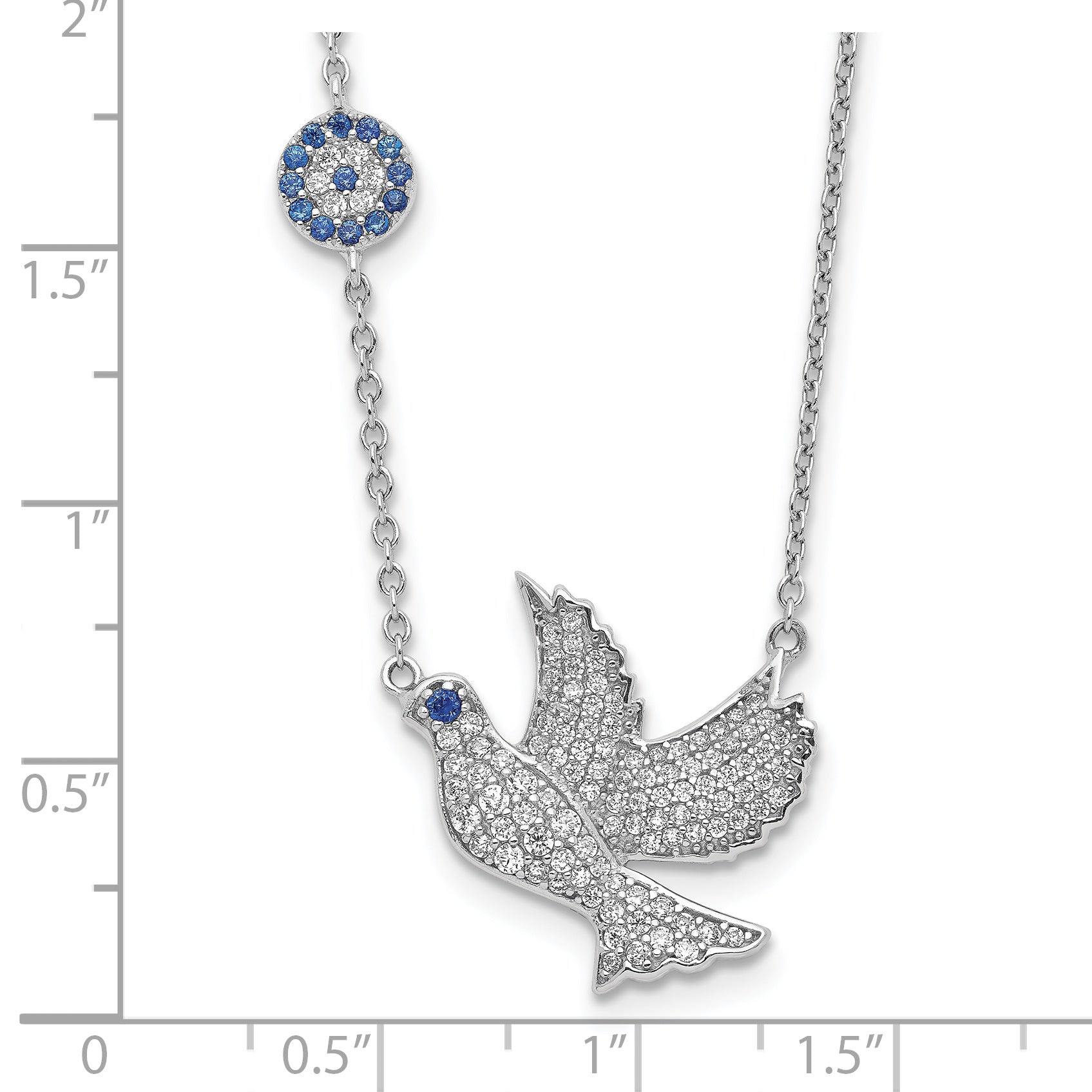 Sterling Silver Rhodium-plated Blue and Clear CZ Dove 16 inch Necklace with 2 inch extension