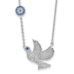 Sterling Silver Rhodium-plated Blue and Clear CZ Dove 16 inch Necklace with 2 inch extension