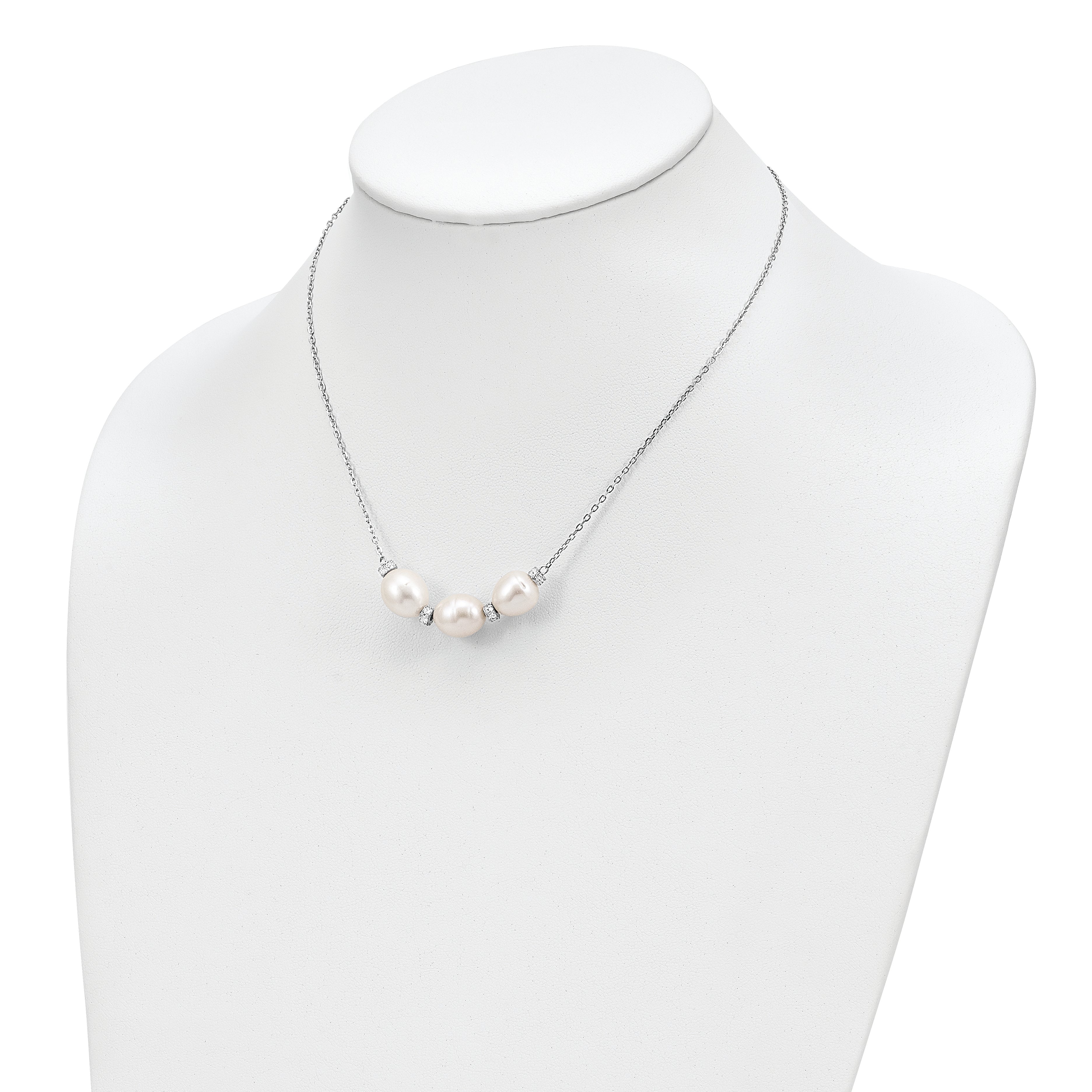 Sterling Silver Rhodium-plated CZ Bead/FWC Pearl w/ 2in ext. Necklace