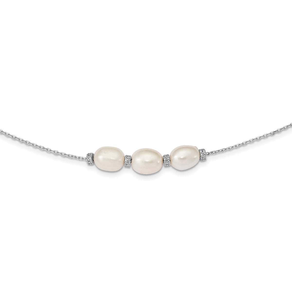 Sterling Silver Rhodium-plated CZ Bead/FWC Pearl w/ 2in ext. Necklace