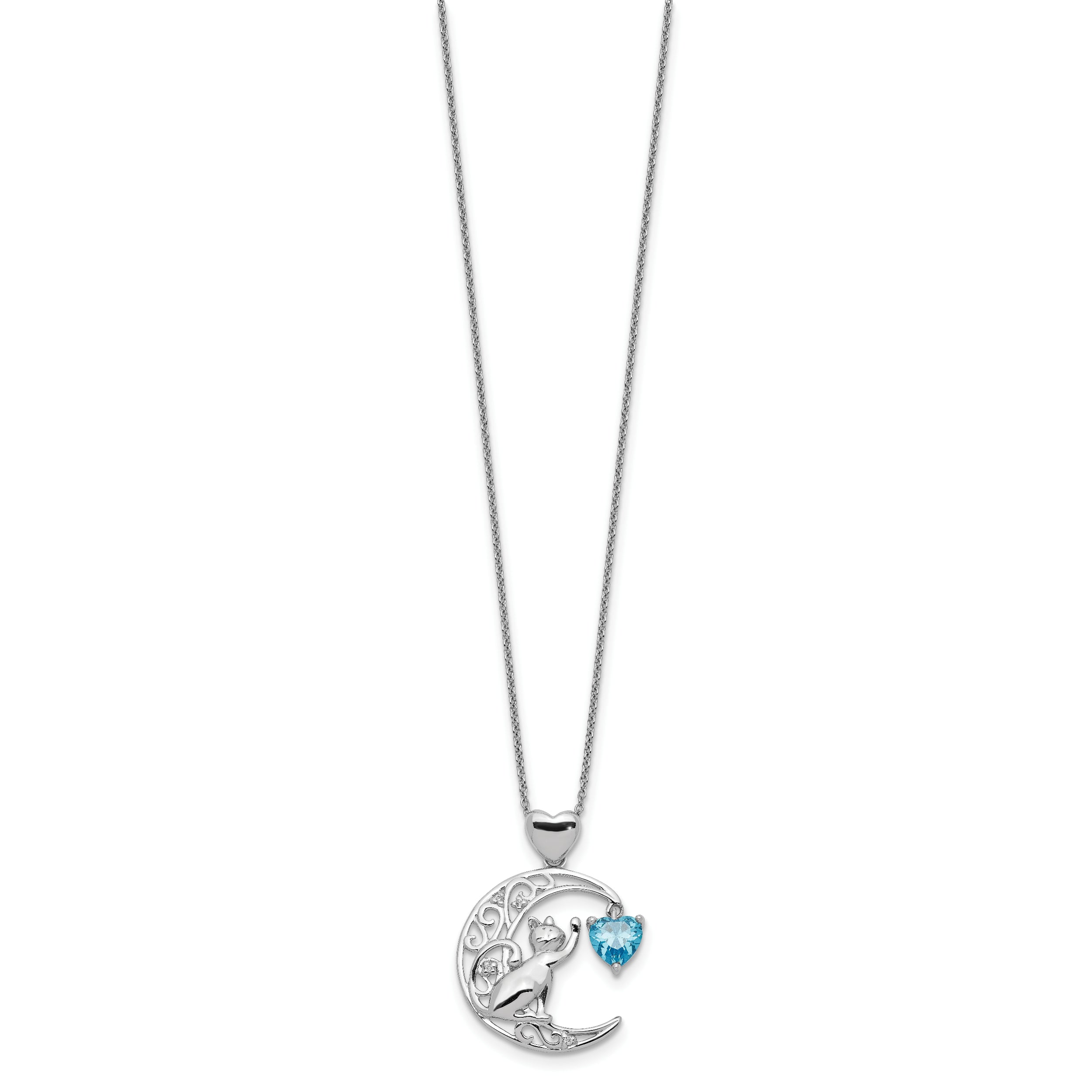 Sterling Silver Blue and Clear CZ Cat and Moon Necklace