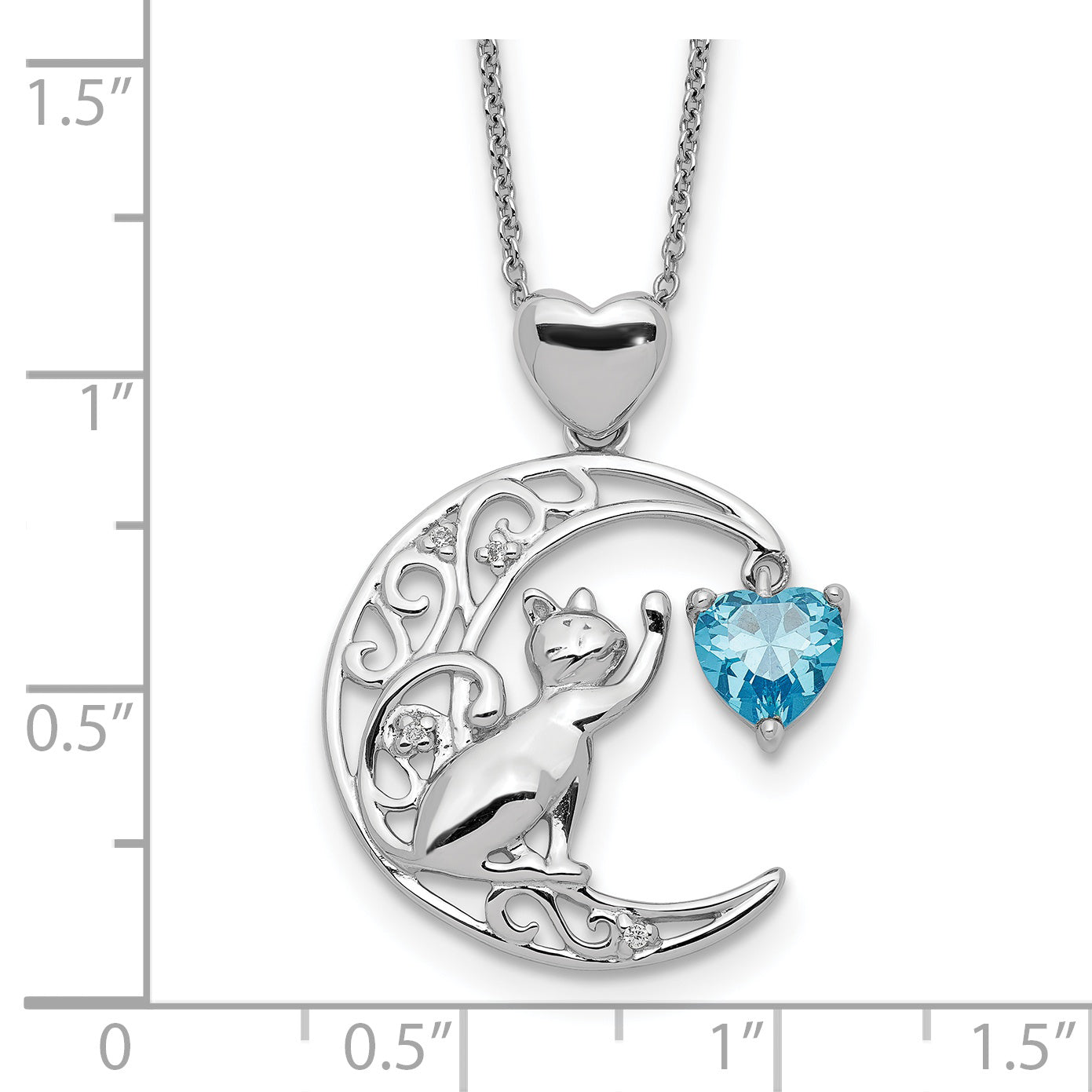 Sterling Silver Blue and Clear CZ Cat and Moon Necklace