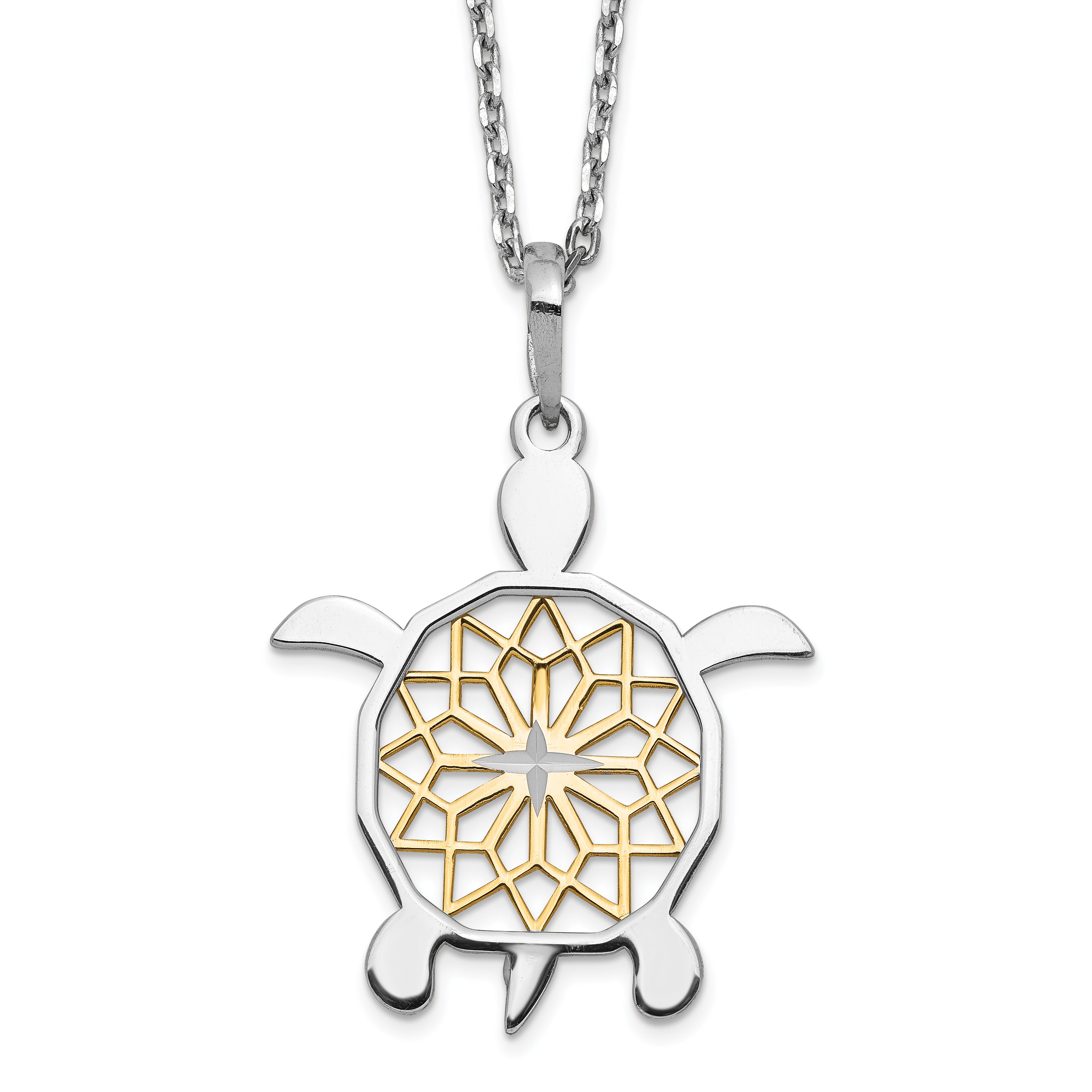 Sterling Silver Gold-tone Diamond-cut Turtle w/ 2in ext. Necklace