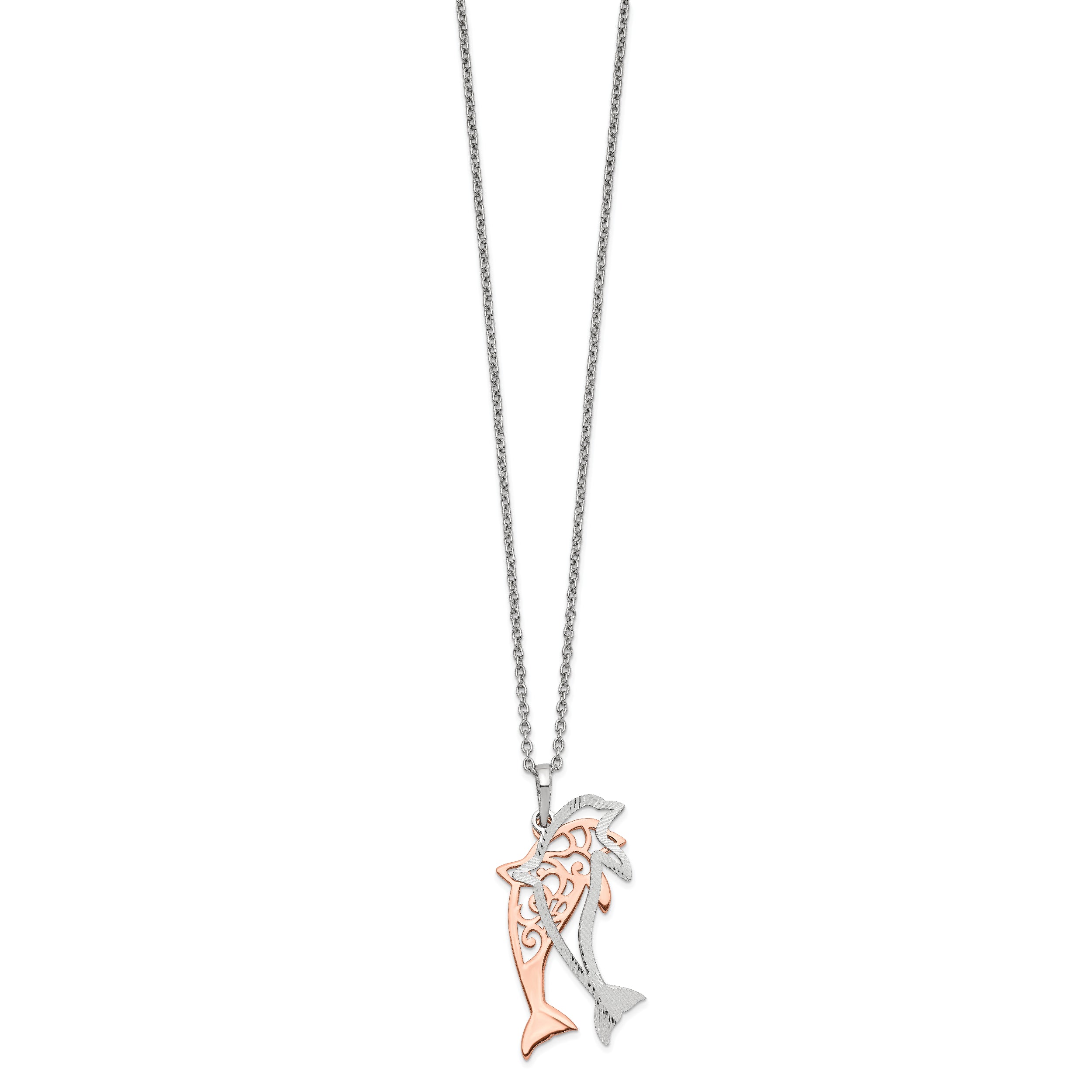 Sterling Silver Rose-tone Diamond-cut Dolphin w/ 2in ext. Necklace