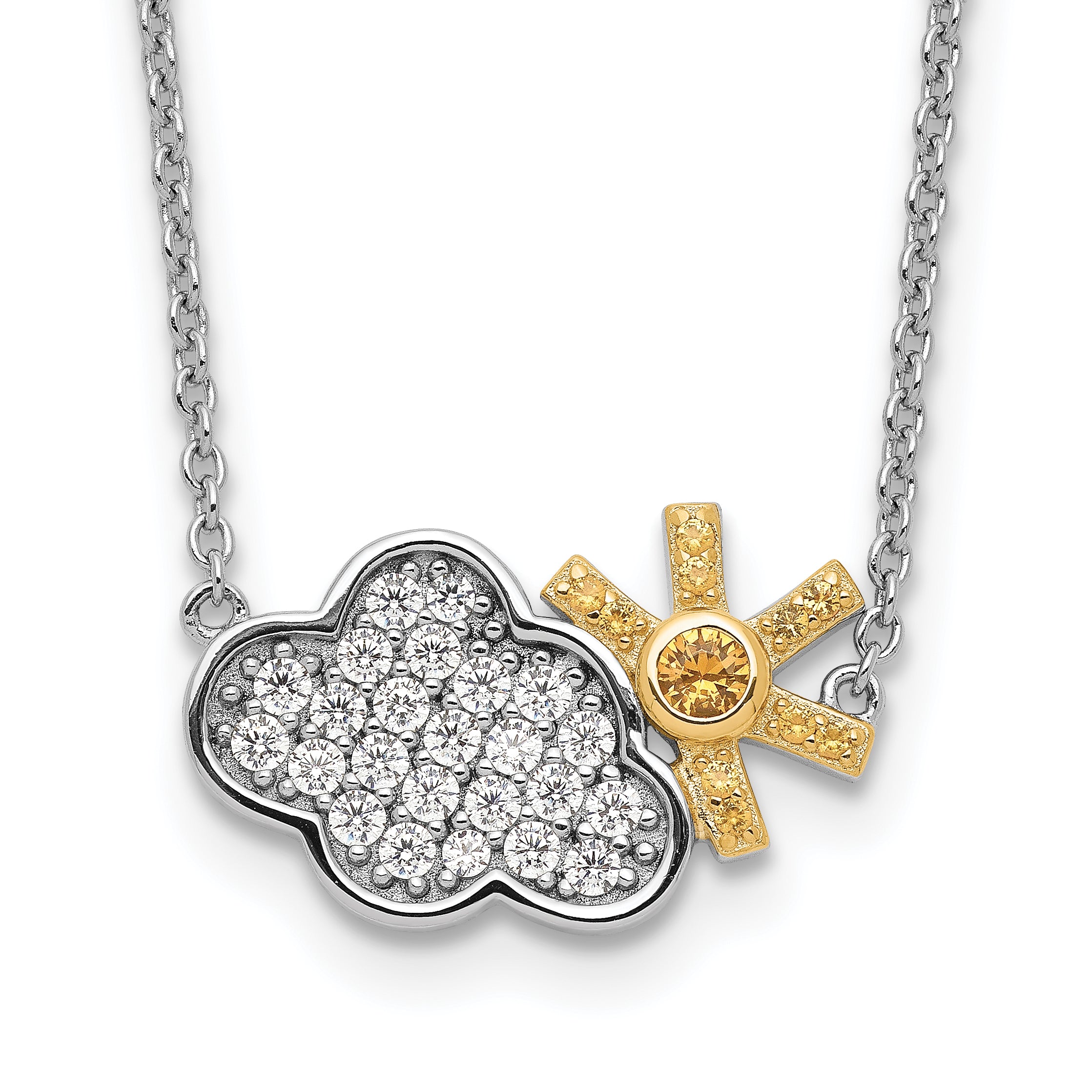 Sterling Silver RH-plated Gold-tone CZ Cloud w/Sun 2in ext Necklace Main image