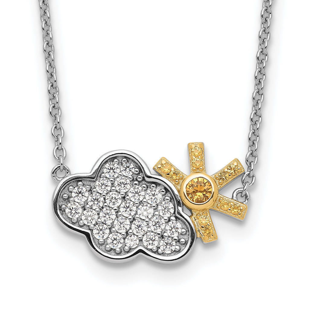 Sterling Silver RH-plated Gold-tone CZ Cloud w/Sun 2in ext Necklace
