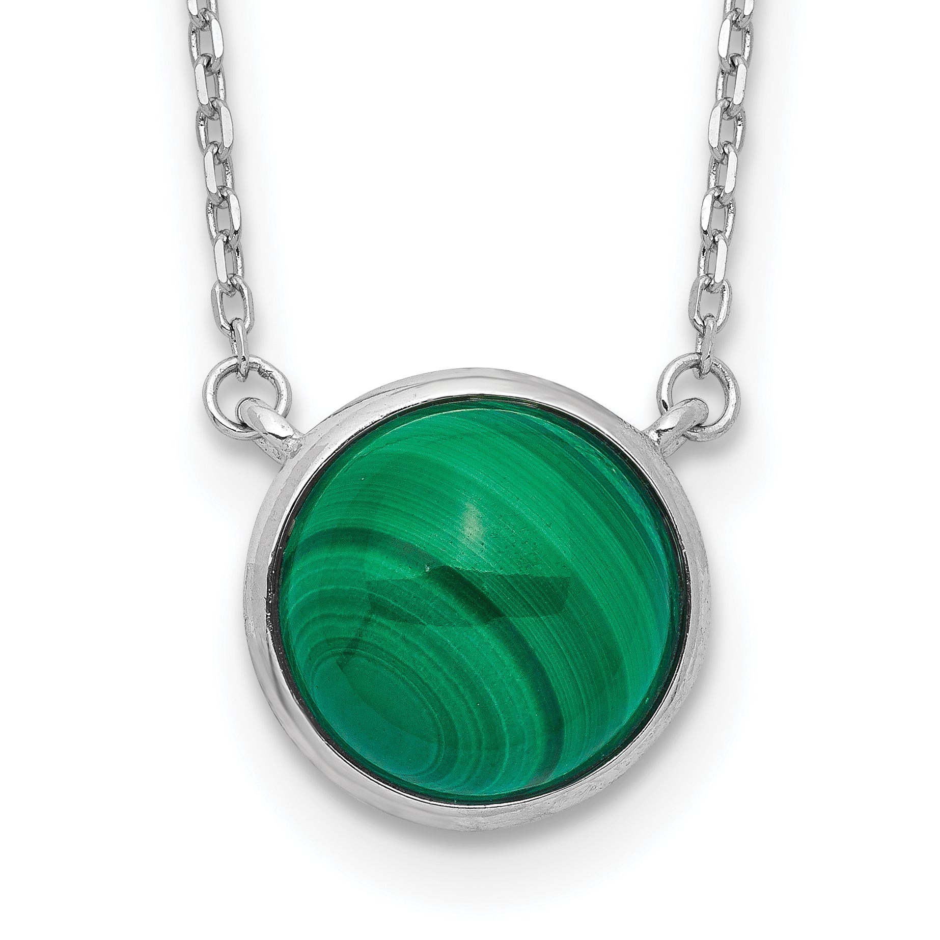 Sterling Silver Rhodium-plated Round Malachite Cabochon Necklace