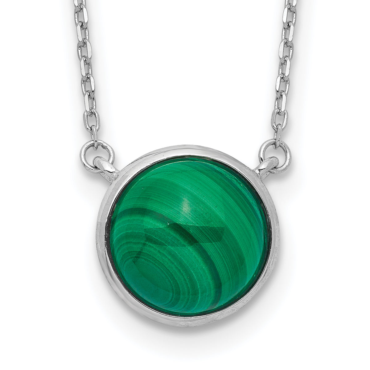 Sterling Silver Rhodium-plated Round Malachite Cabochon Necklace