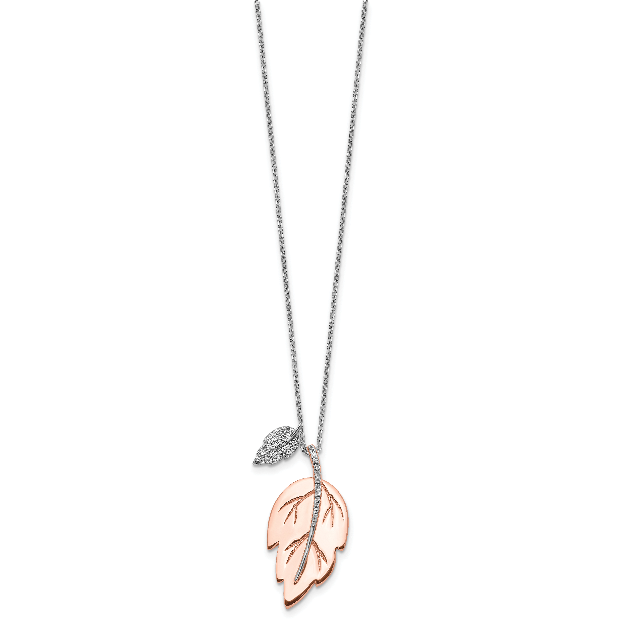 Sterling Silver Rose-tone CZ Leaf w/ 2in ext. Necklace