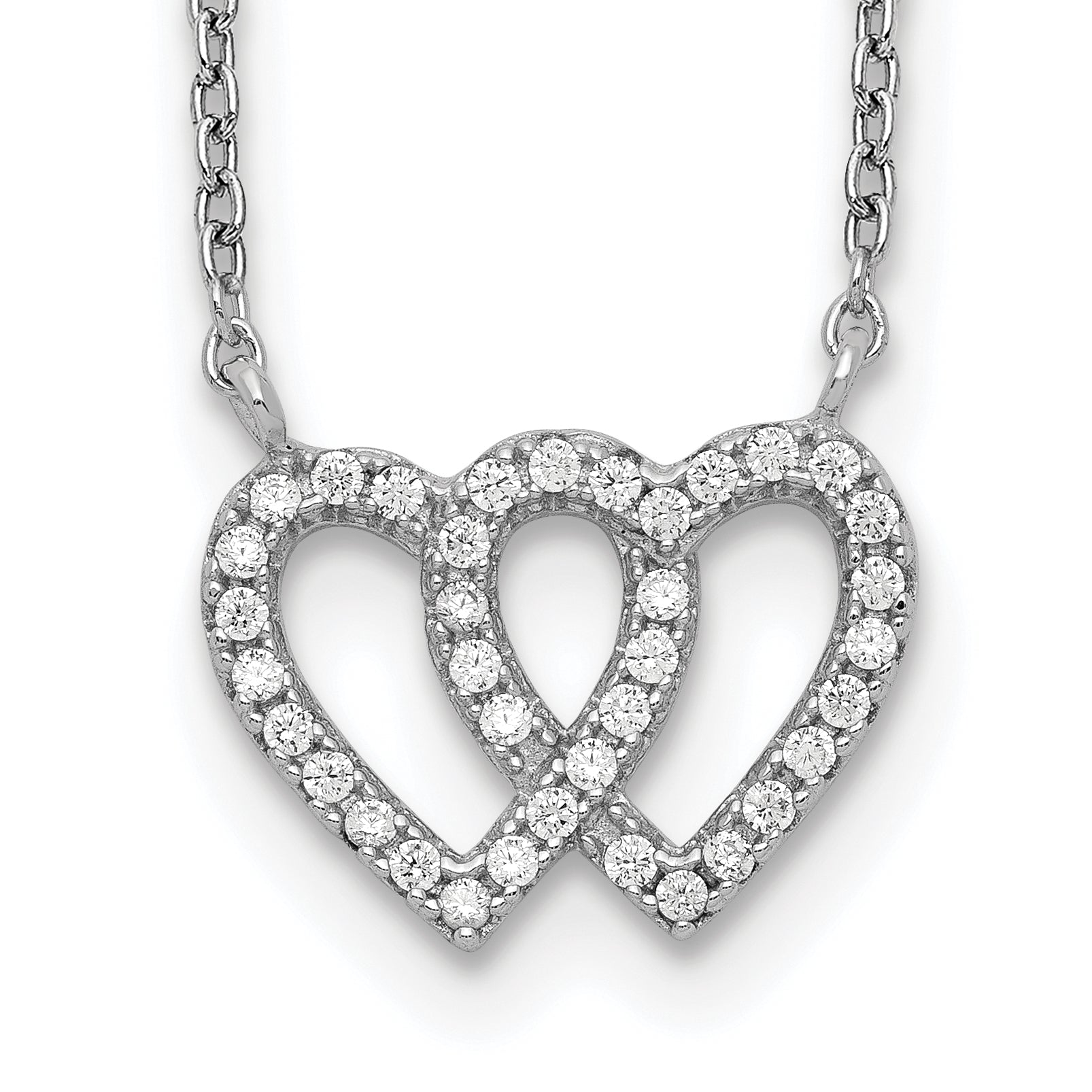 Sterling Silver Rhodium-plated Interconnected Double CZ Open Heart 16.5 inch Necklace with 1 inch extension Main image