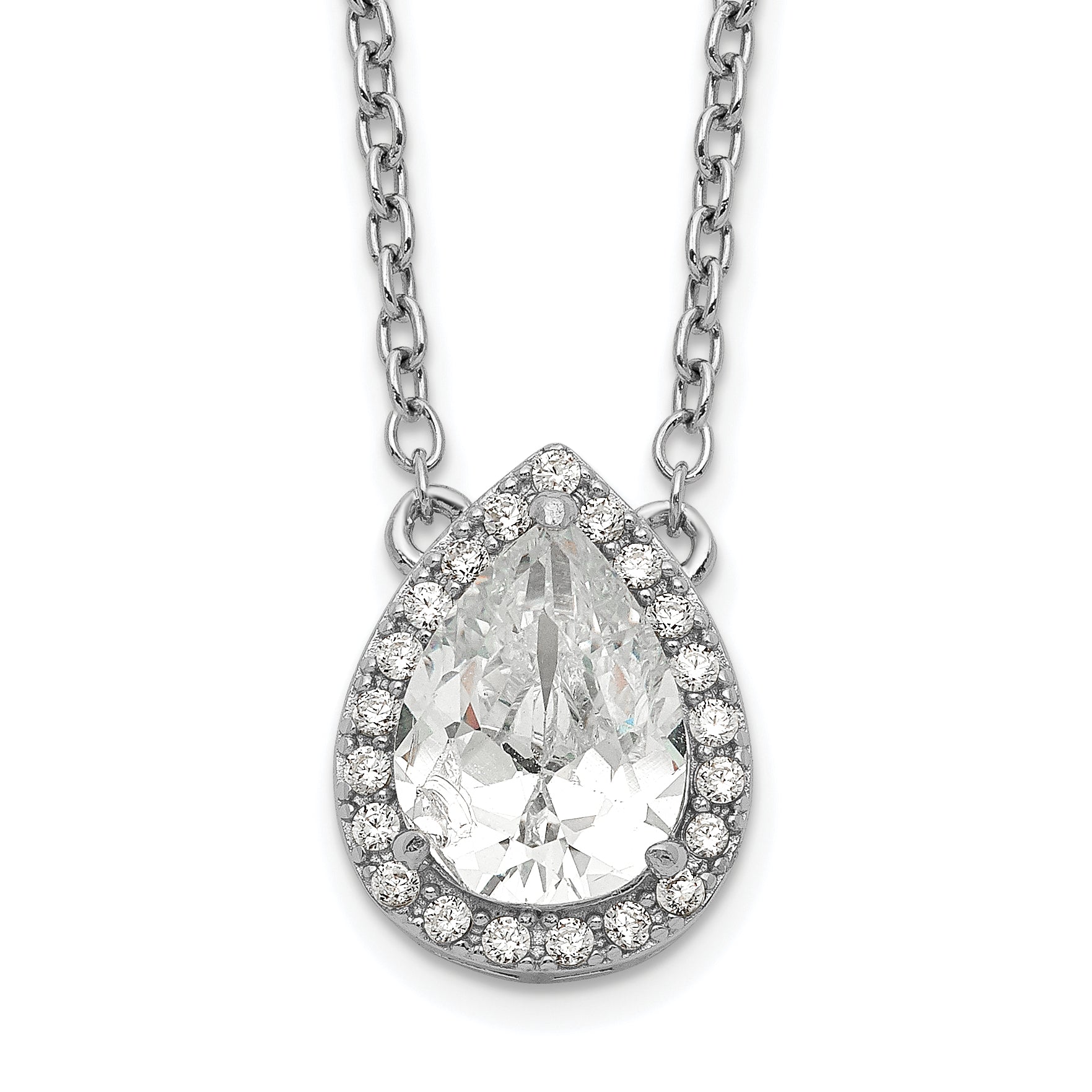 Sterling Silver Rhodium-plated Pear CZ Halo w/1in ext Necklace Main image