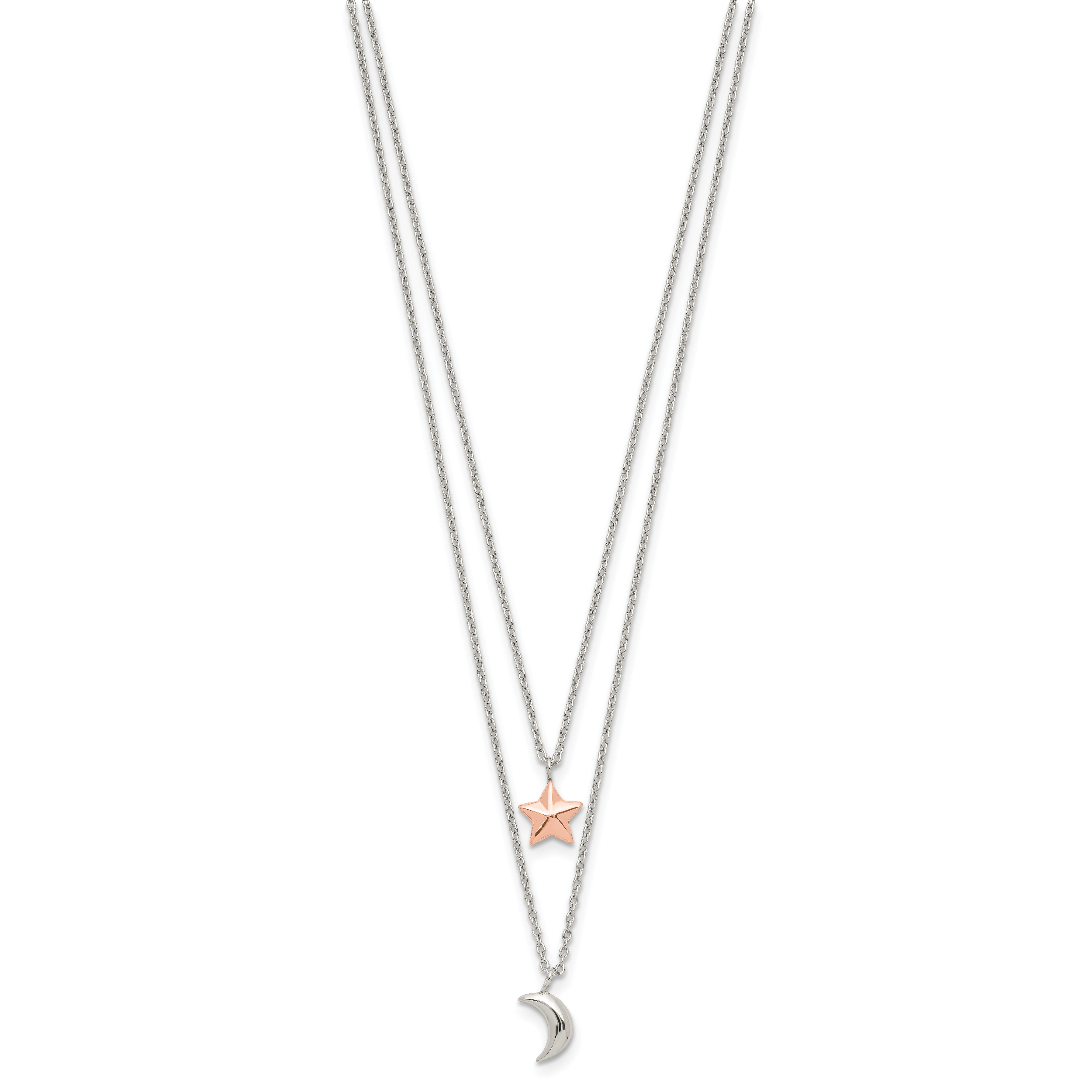 Sterling Silver Rose-Tone 2-strand Moon and Star w/1in ext Necklace Secondary image