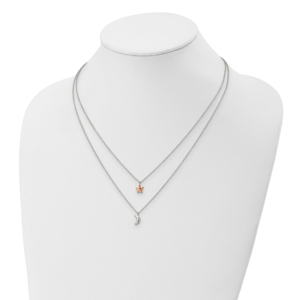 Sterling Silver Rose-Tone 2-strand Moon and Star w/1in ext Necklace