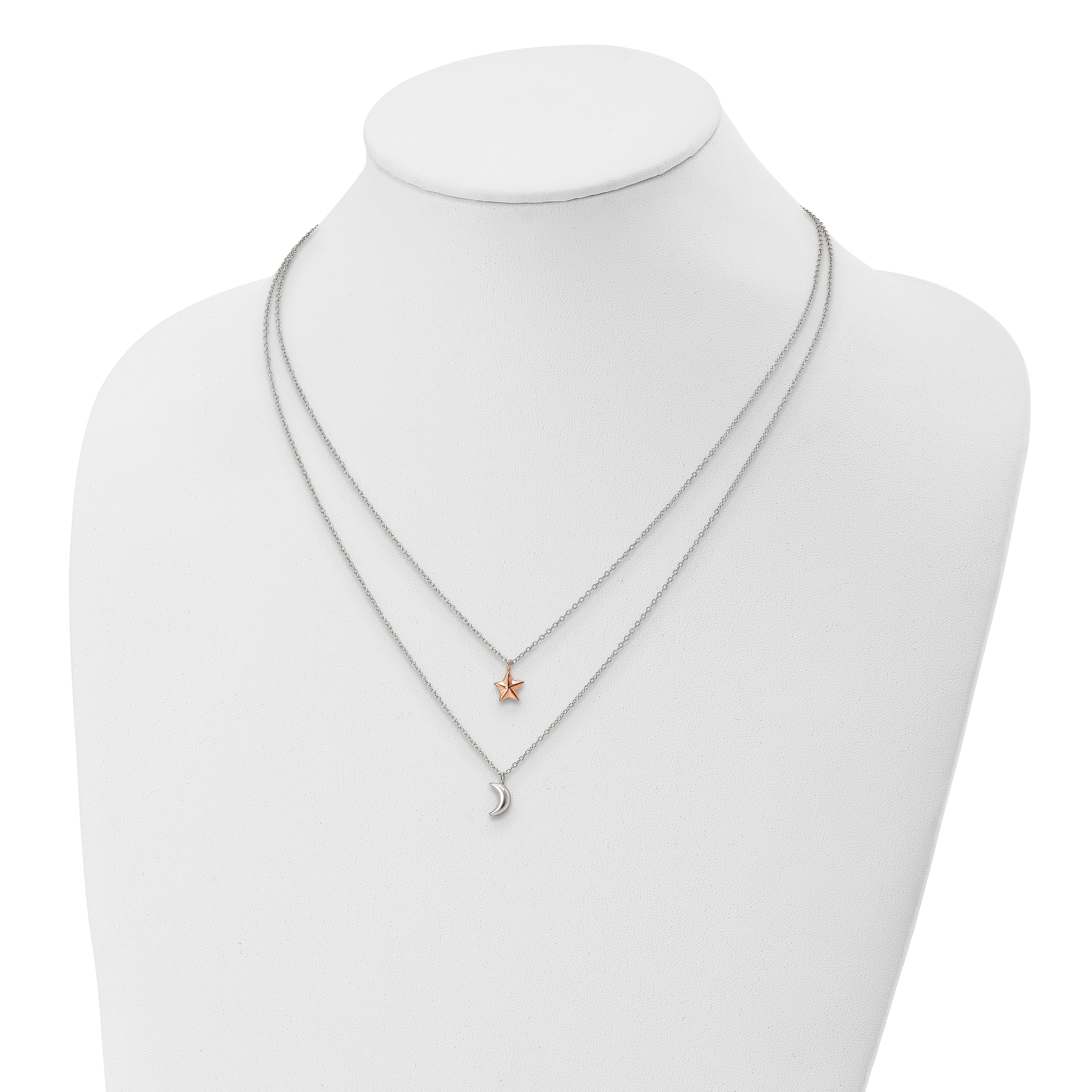 Sterling Silver Rose-Tone 2-strand Moon and Star w/1in ext Necklace