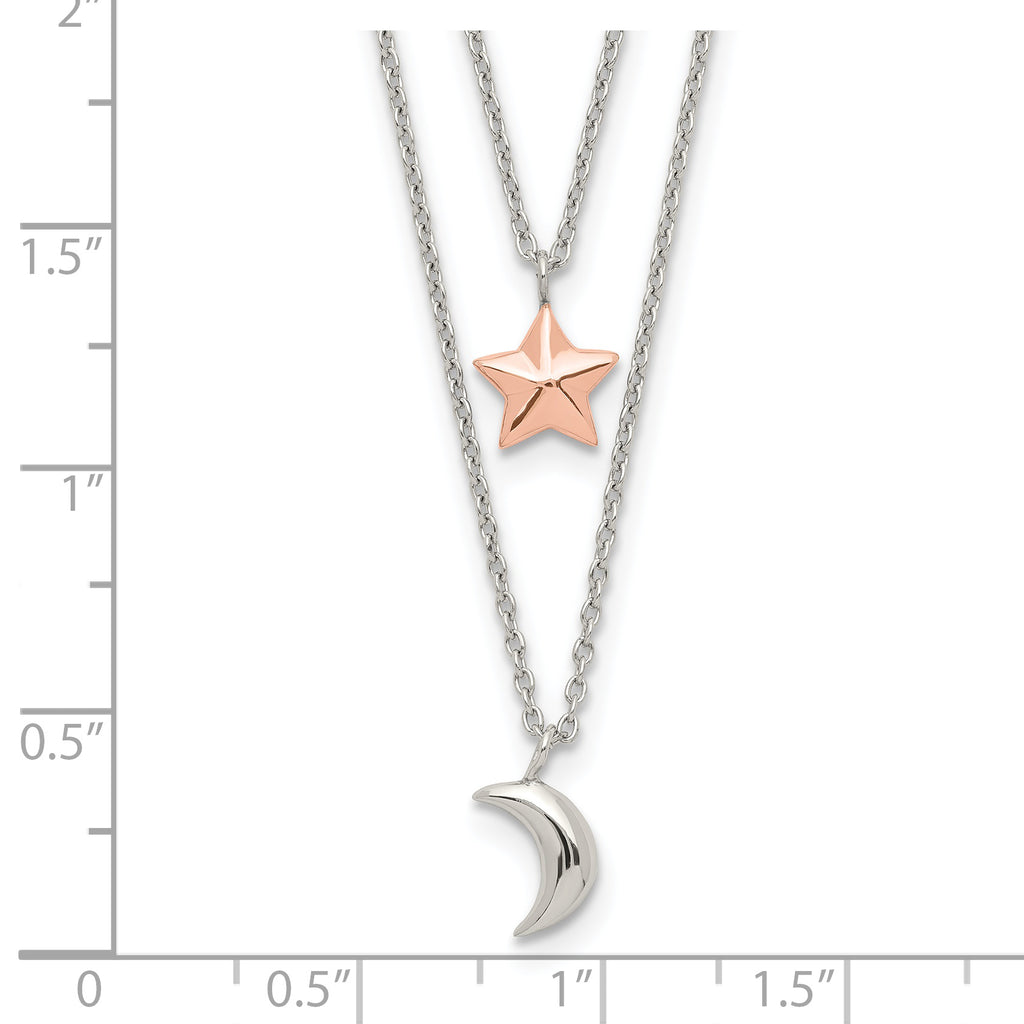 Sterling Silver Rose-Tone 2-strand Moon and Star w/1in ext Necklace
