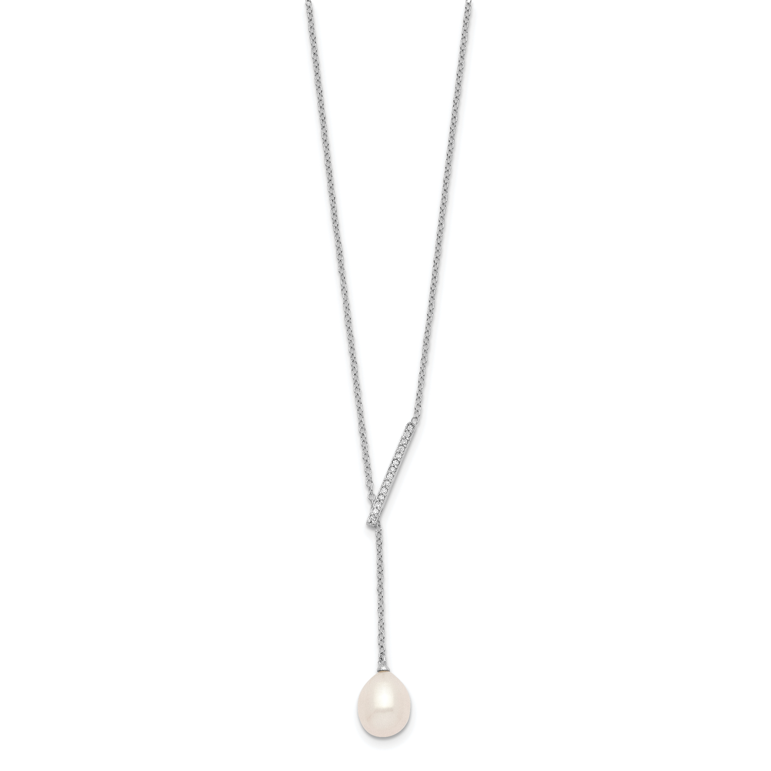 Sterling Silver Rhodium-plated CZ Bar/FWC Pearl w/2in ext Necklace Secondary image