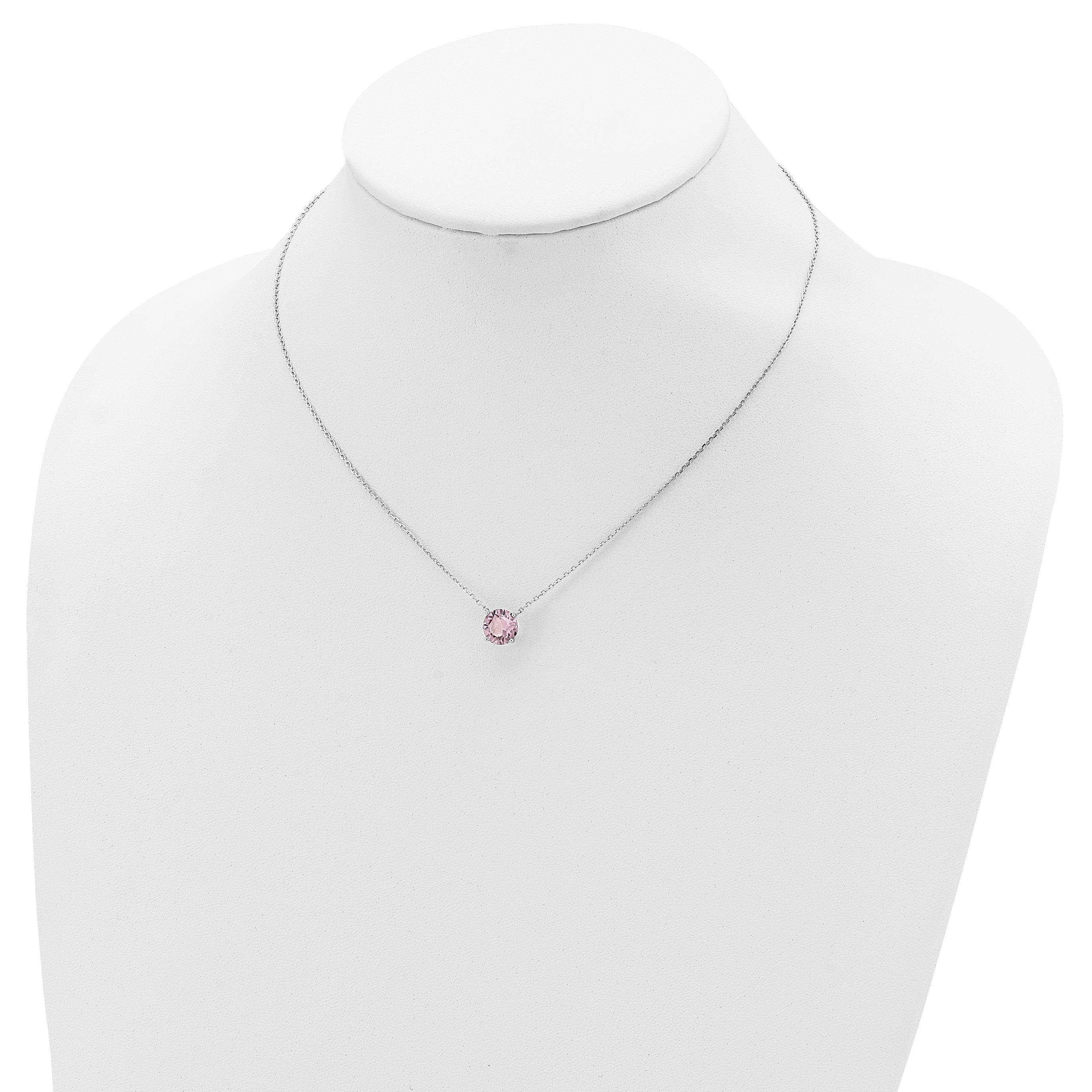 Sterling Silver Rhodium Plated Light Pink Crystal 16.5 inch Necklace with 2 inch extension