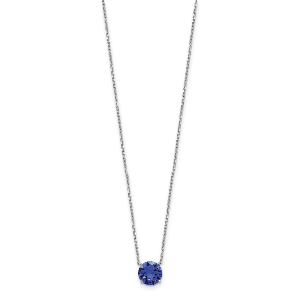 Sterling Silver Rhodium Plated Blue Crystal 16.5 inch Necklace with 2 inch extension