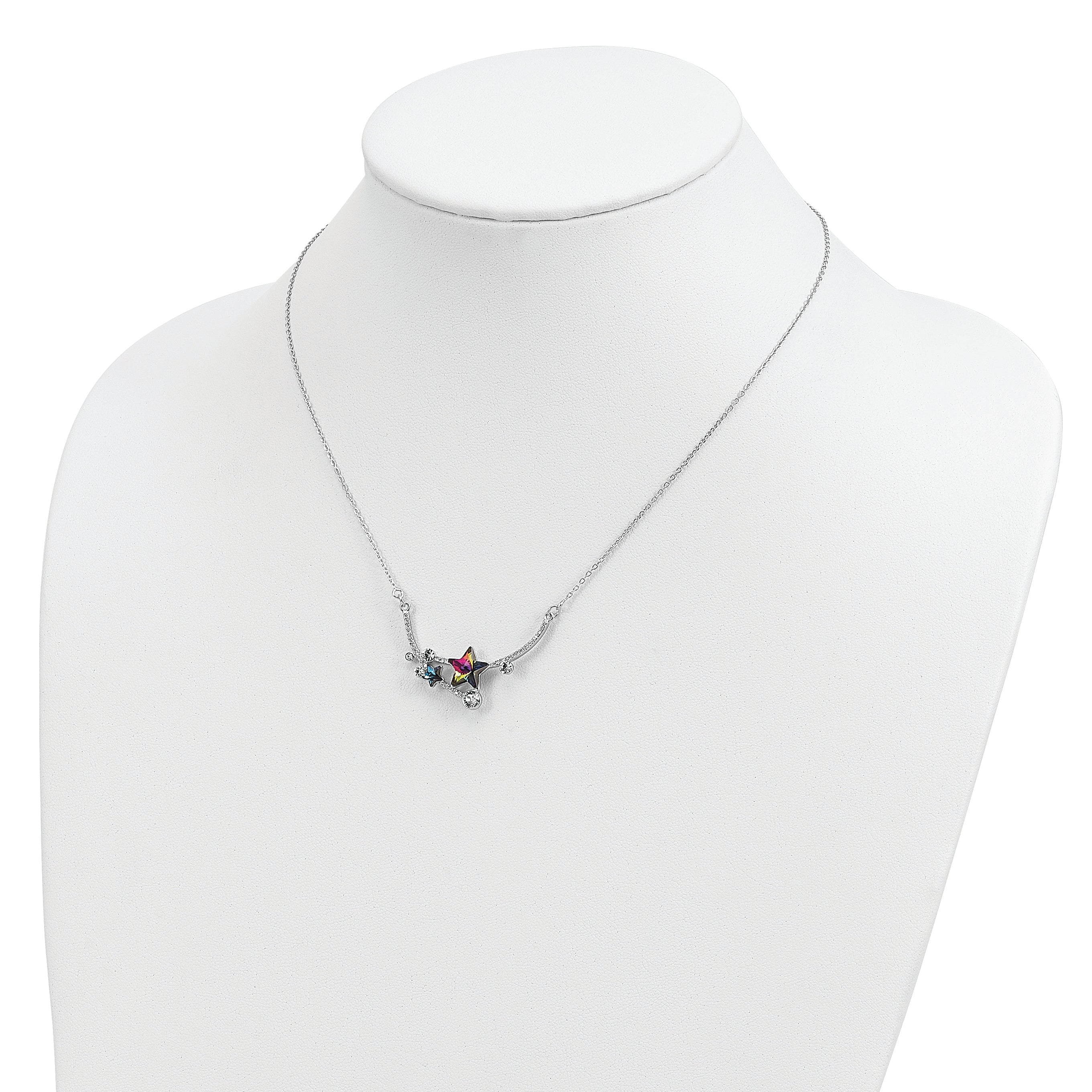 Sterling Silver RH-plated Multi-color Crystal Star w/2in ext Necklace