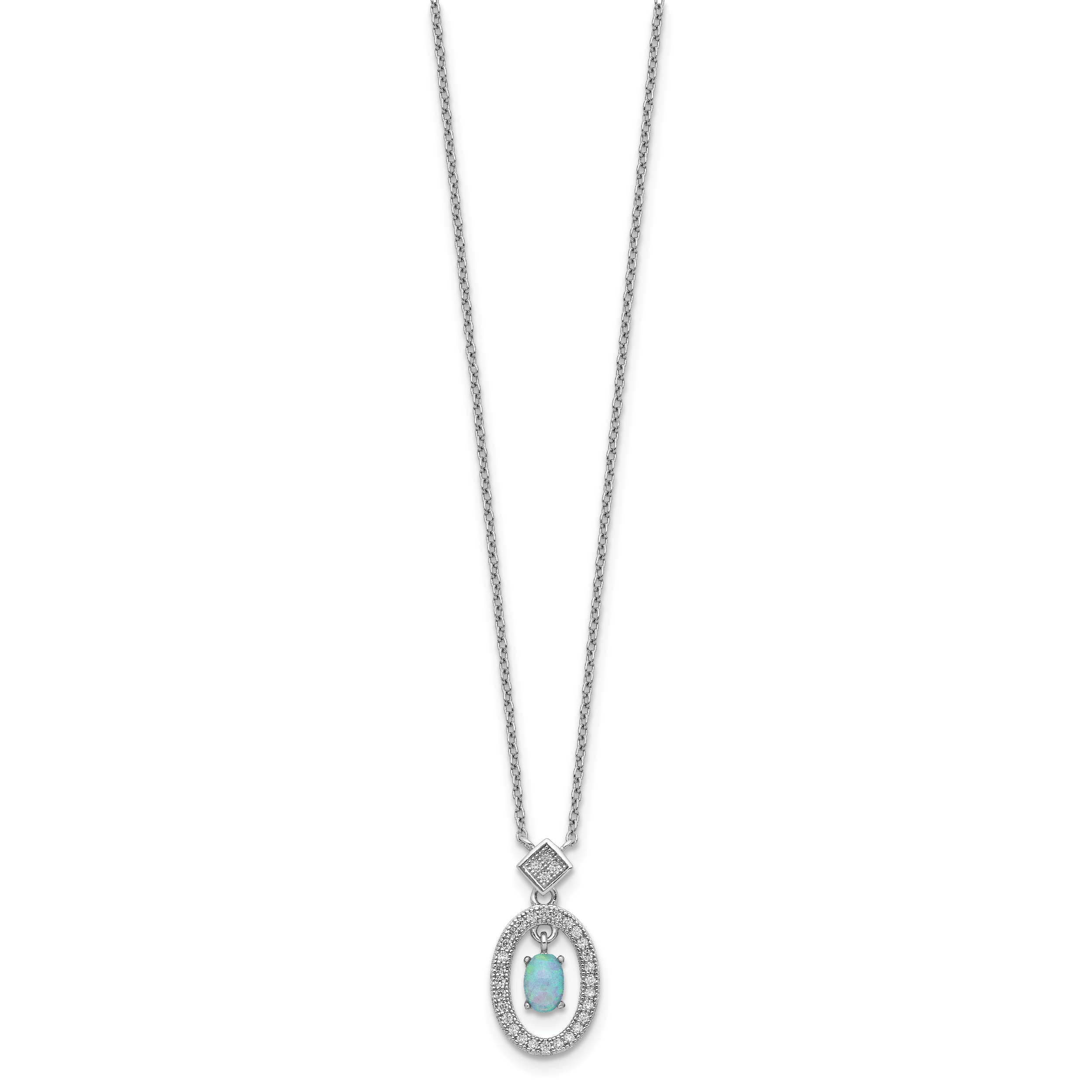 Sterling Silver Rhodium-plated Clear CZ Oval with Lab Created Opal Oval Dangle 16 inch Necklace with 2 inch extension Secondary image
