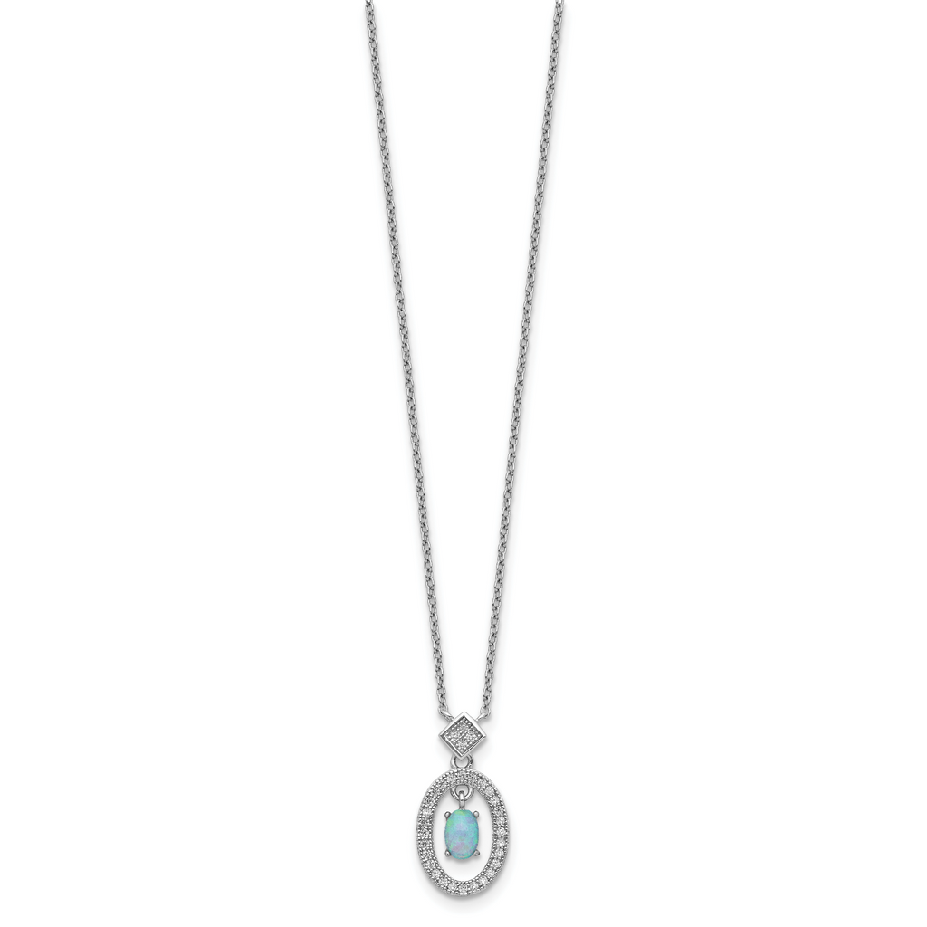 Sterling Silver Rhodium-plated Clear CZ Oval with Lab Created Opal Oval Dangle 16 inch Necklace with 2 inch extension