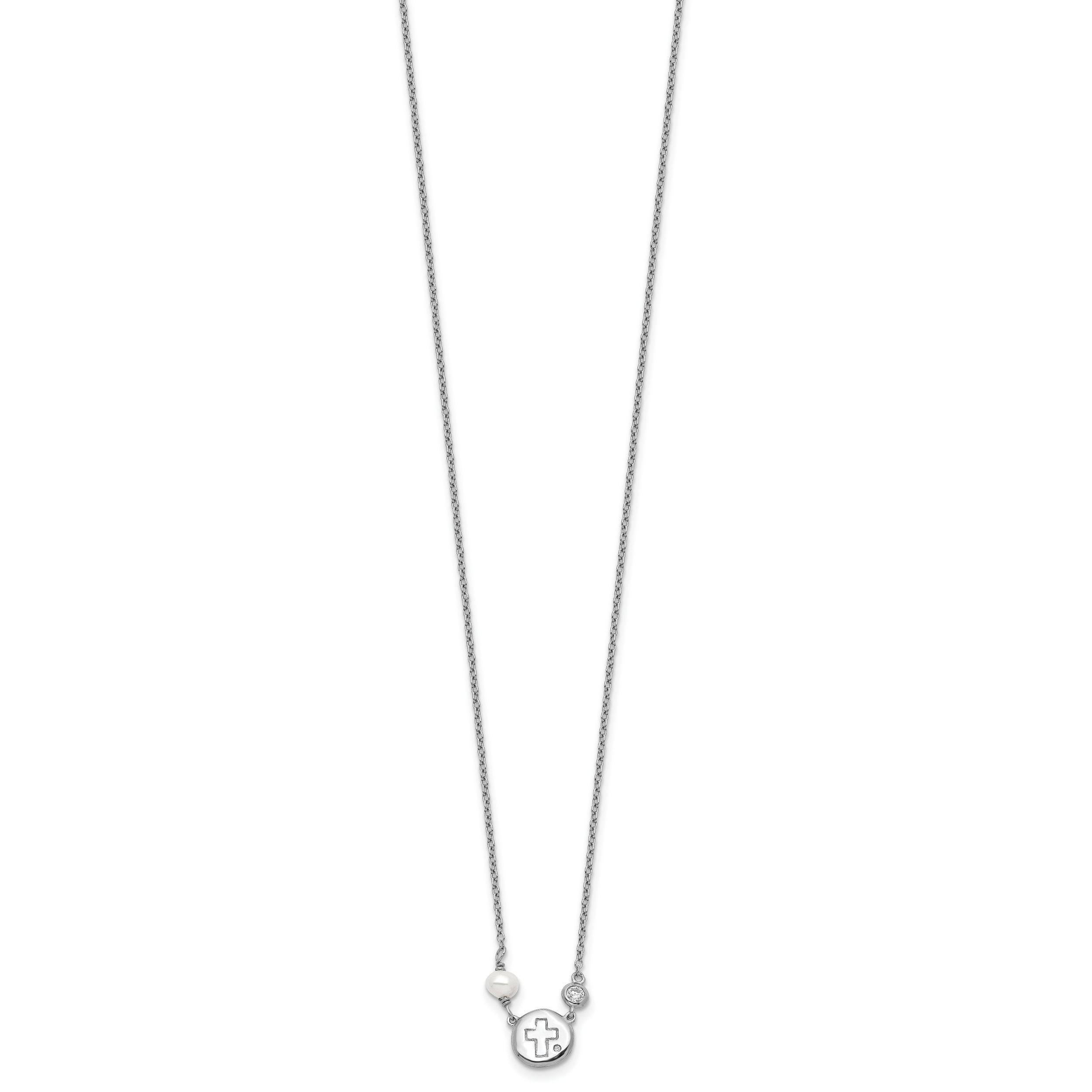 Sterling Silver RH-plated CZ/Cross/FWC Pearl w/2in ext Necklace Secondary image