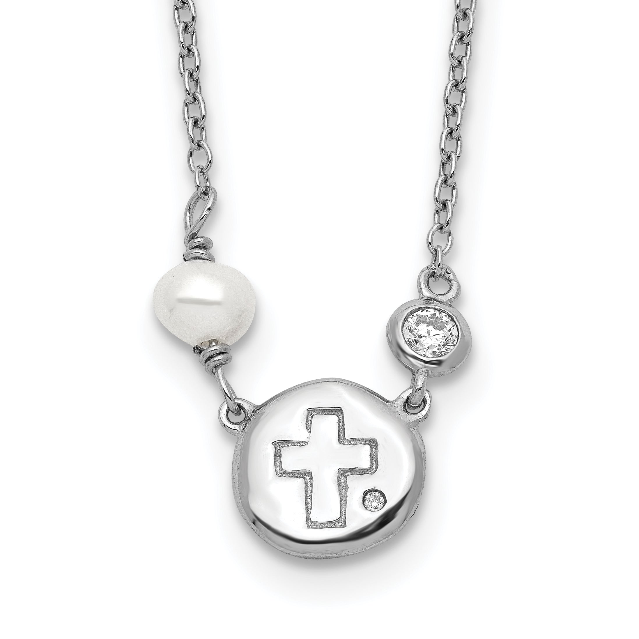 Sterling Silver RH-plated CZ/Cross/FWC Pearl w/2in ext Necklace Main image