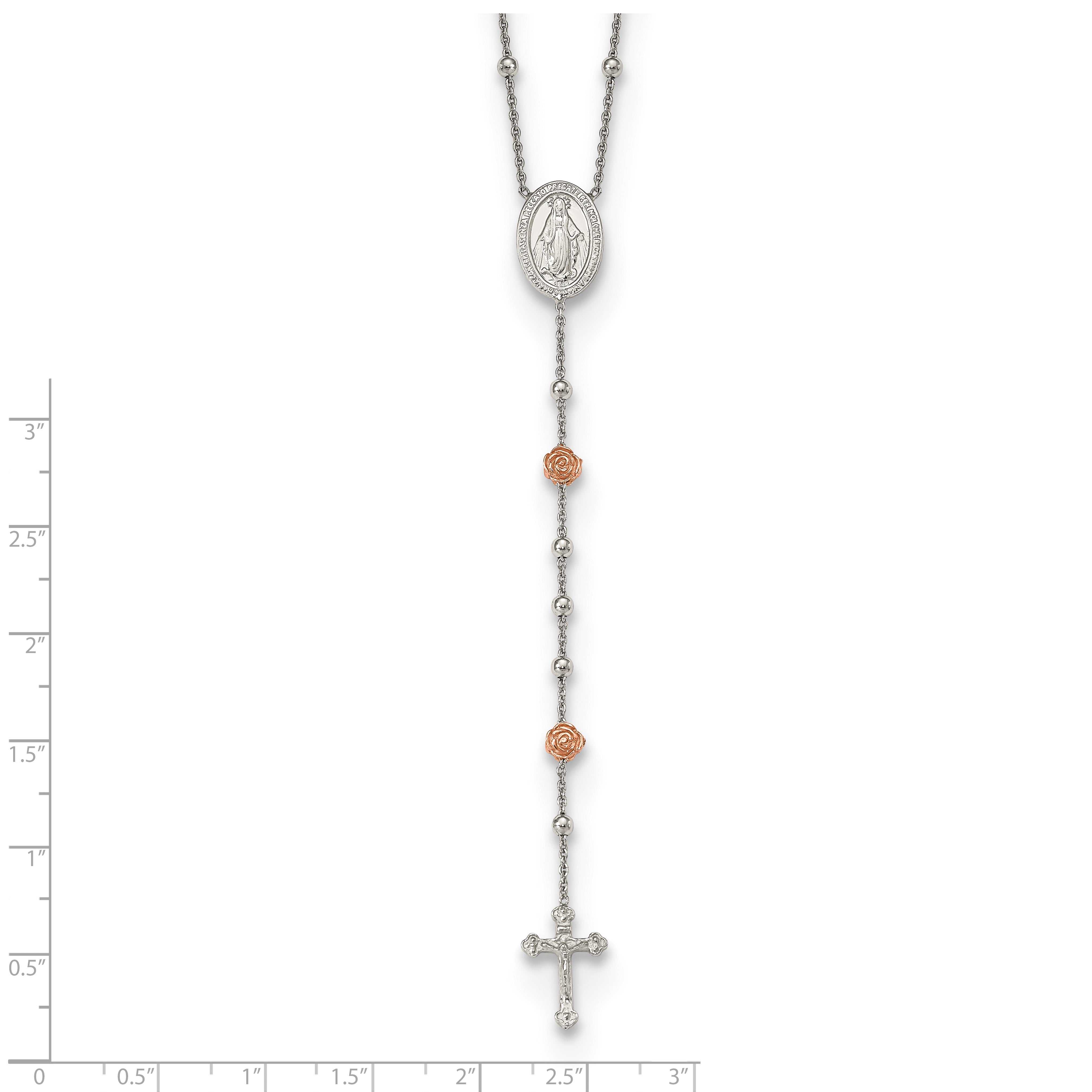 Sterling Silver RH-plated Beaded w/Rose-tone Roses Rosary 21in Necklace