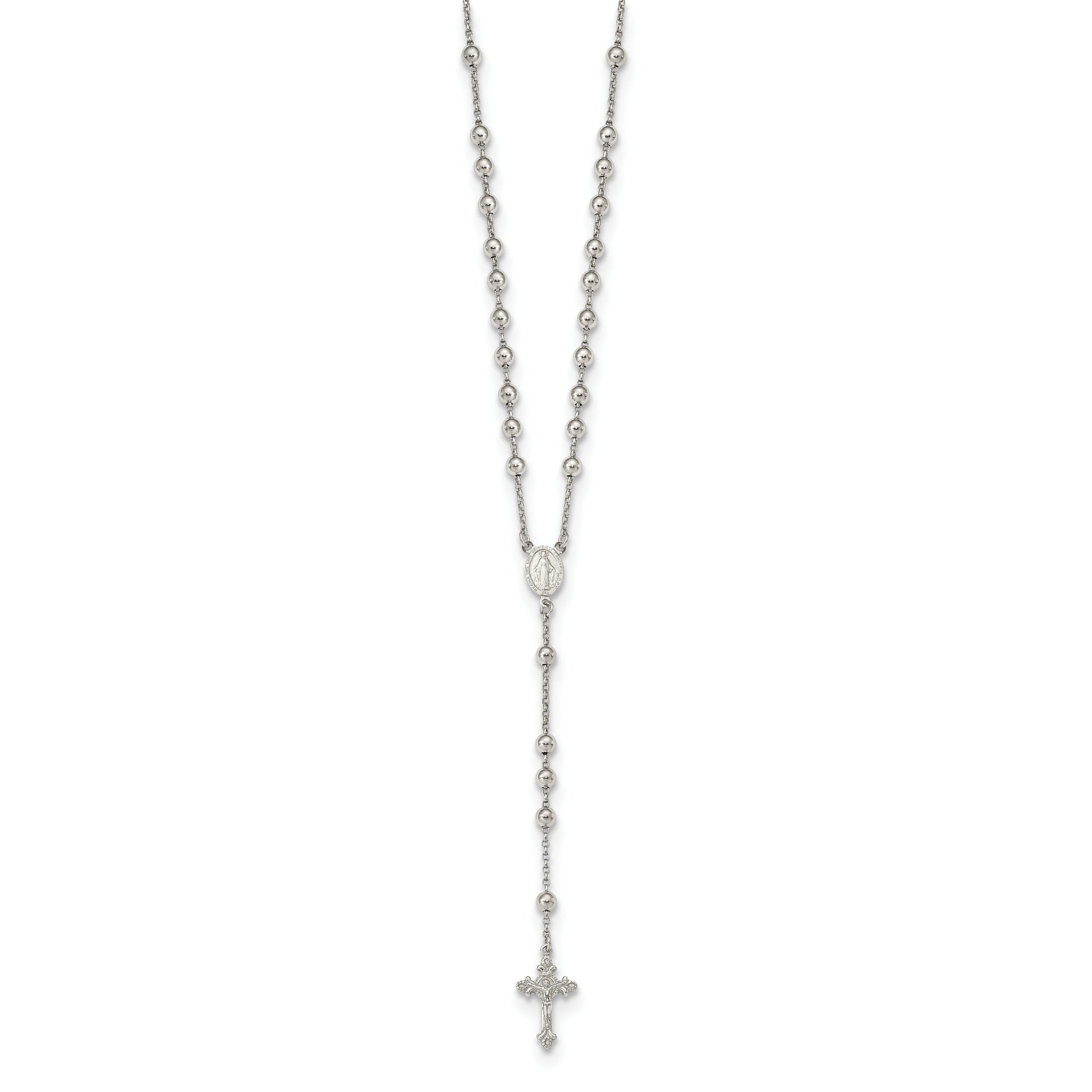 Sterling Silver Rhodium-plated Beaded Rosary Necklace