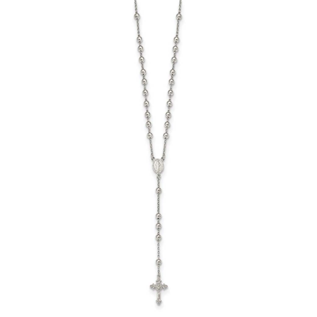 Sterling Silver Rhodium-plated Beaded Rosary Necklace