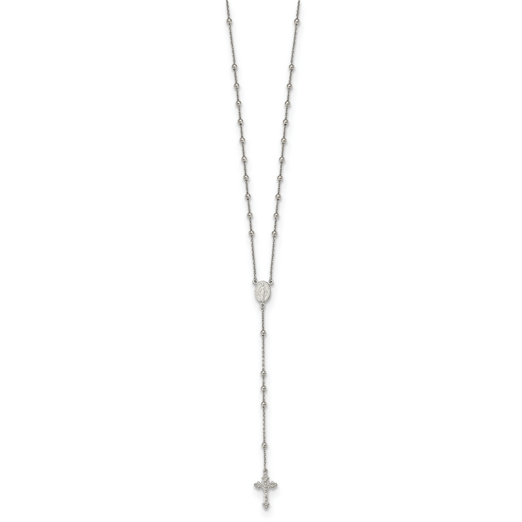 Sterling Silver Rhodium-plated Beaded Rosary 27 inch Necklace