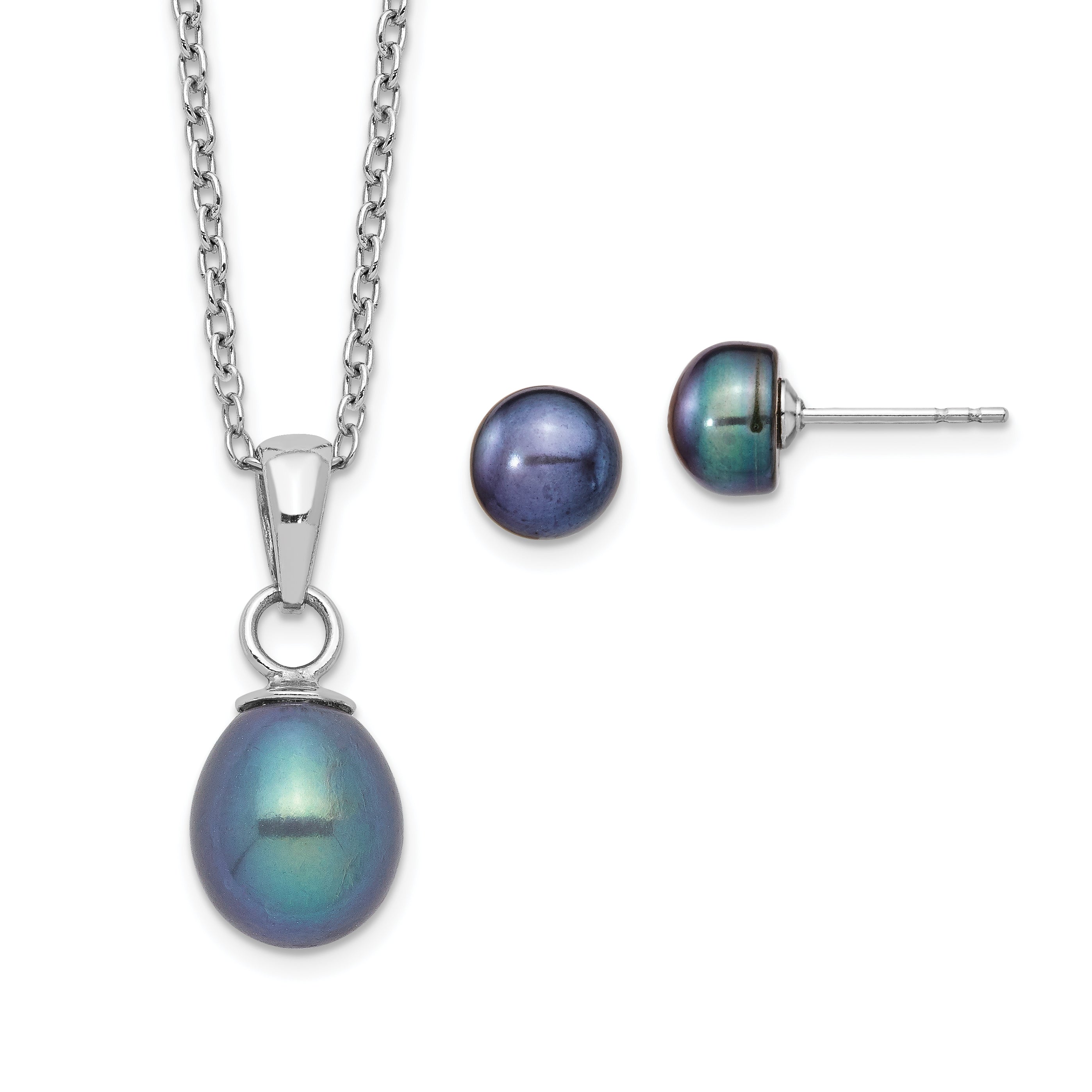 Sterling Silver Rhodium-plate FWC Black Pearl Necklace/Earrings Set Main image