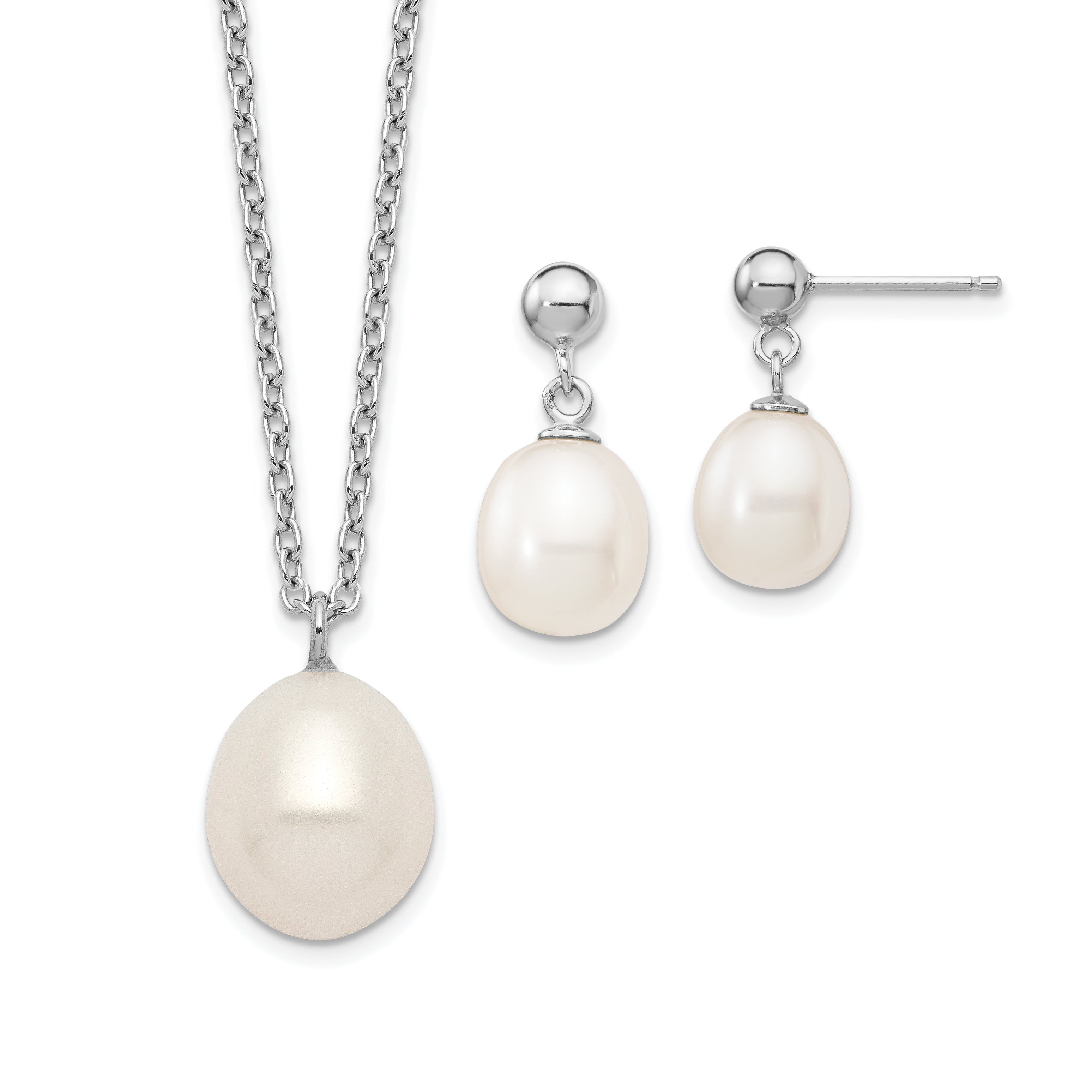 Sterling Silver Rhodium-plated 8-9mm Rice FWC Pearl Necklace/Earrings Set Main image
