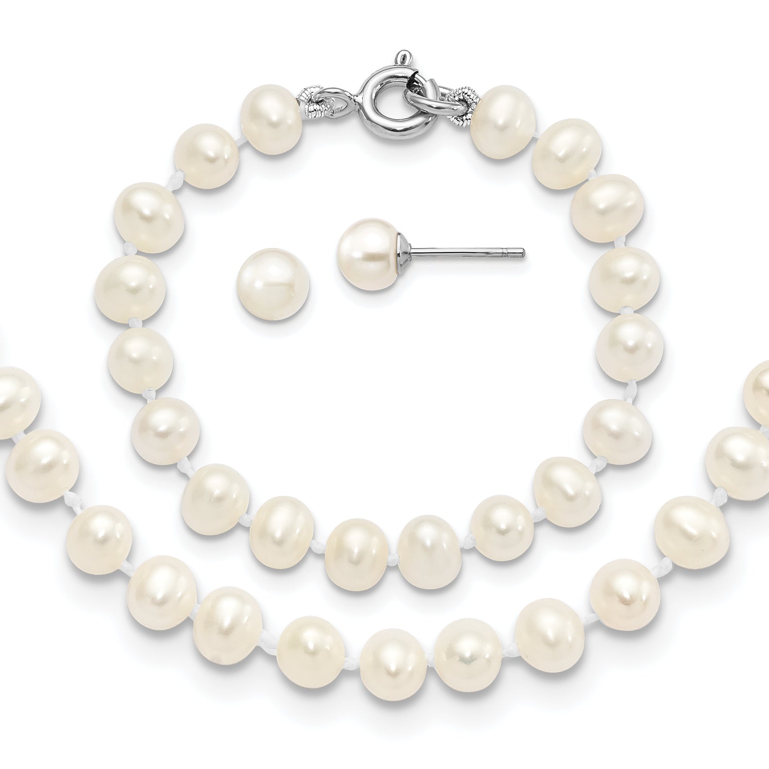 Sterling Silver Madi K Rhodium-plated 5-6mm Semi-round Freshwater Cultured Pearl 12in Necklace, 4in Bracelet & Stud Earrring Set Main image