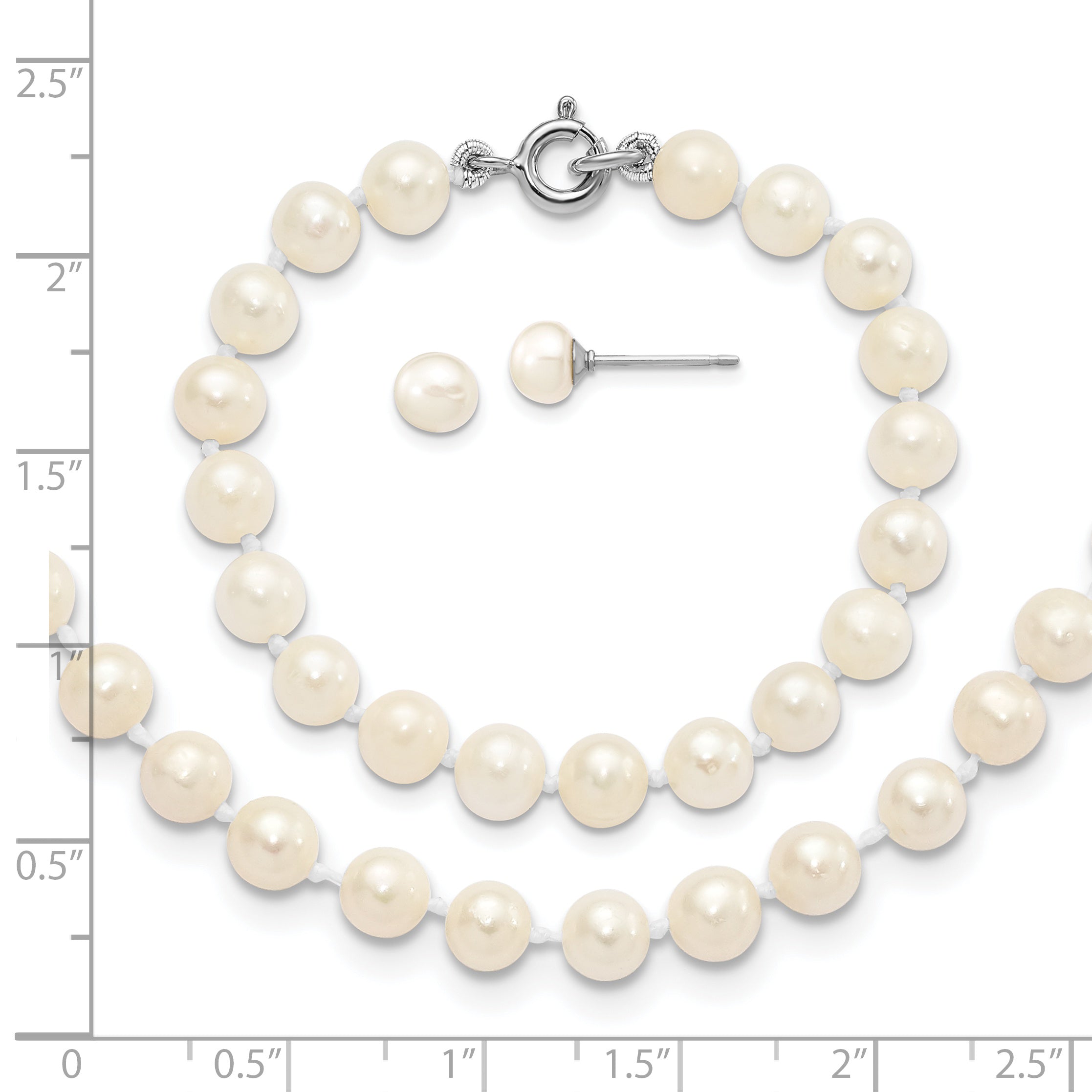 Sterling Silver Madi K Rhodium-plated 5-6mm Semi-round Freshwater Cultured Pearl 12in Necklace, 4in Bracelet & Button Earrring Set