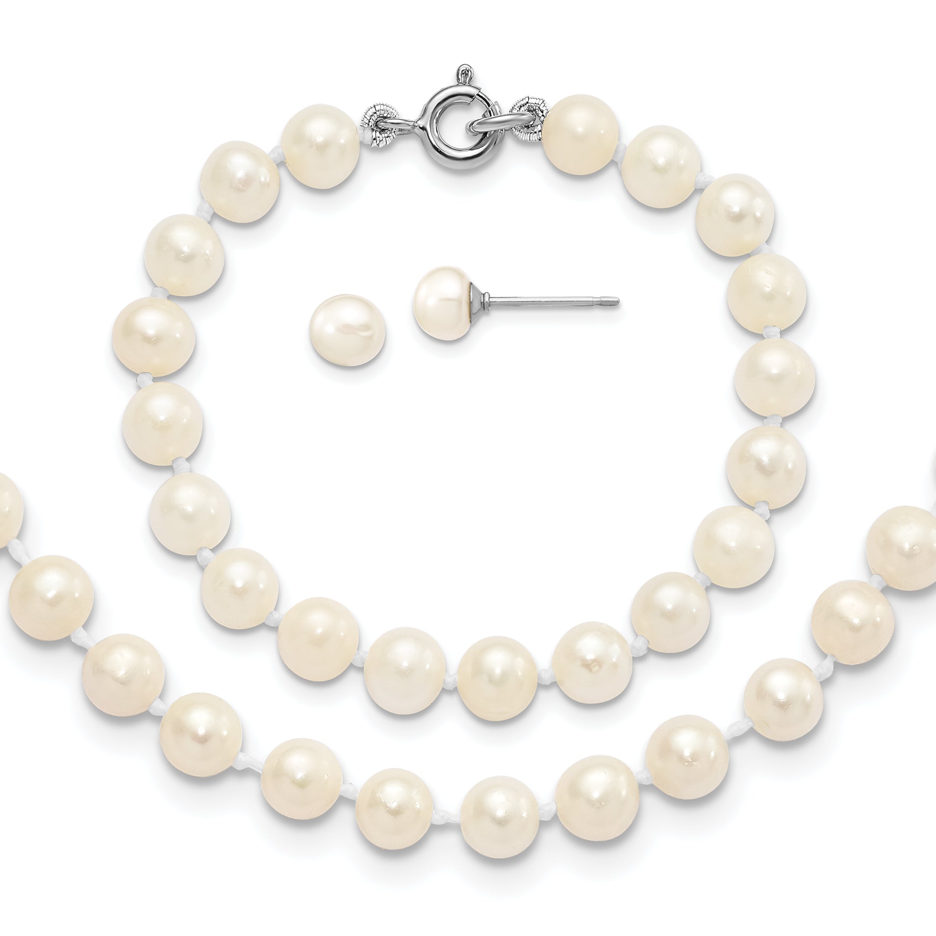 Sterling Silver Madi K Rhodium-plated 5-6mm Semi-round Freshwater Cultured Pearl 12in Necklace, 4in Bracelet & Button Earrring Set Main image