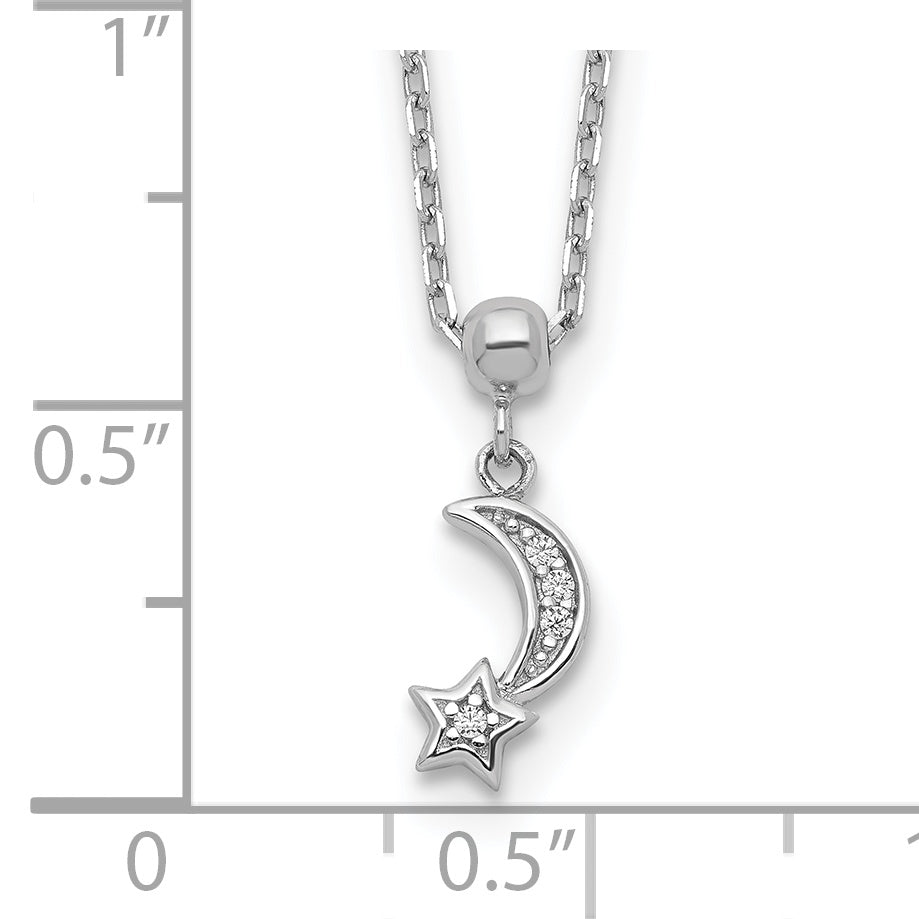 Sterling Silver CZ Moon and Star Necklace with Extender Unisex