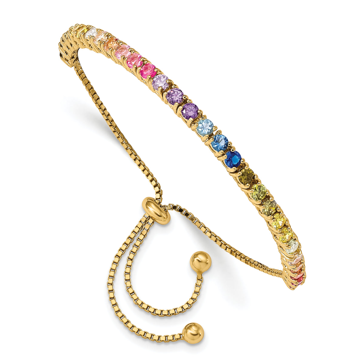 Prizma Sterling Silver Gold-tone 14K Flash Gold-plated 3mm Colorful CZ Adjustable Bolo Bracelet