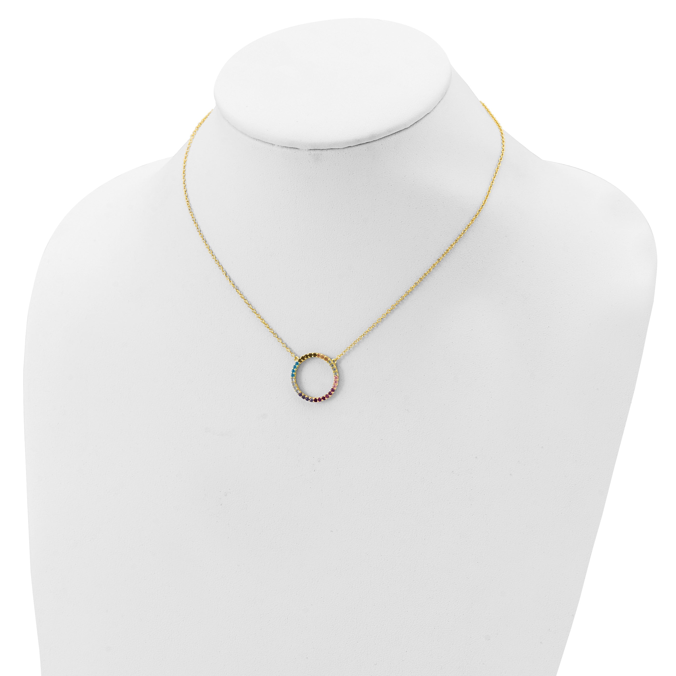 Prizma Sterling Silver Gold-tone 14K Flash Gold-plated 16 inch Colorful CZ Open Circle Necklace with 2 inch Extender