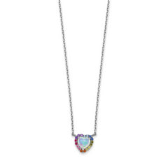 Sterling Silver Rhodium-plated 16 inch Lab Created Opal and Colorful CZ Heart Necklace with 2 inch Extender