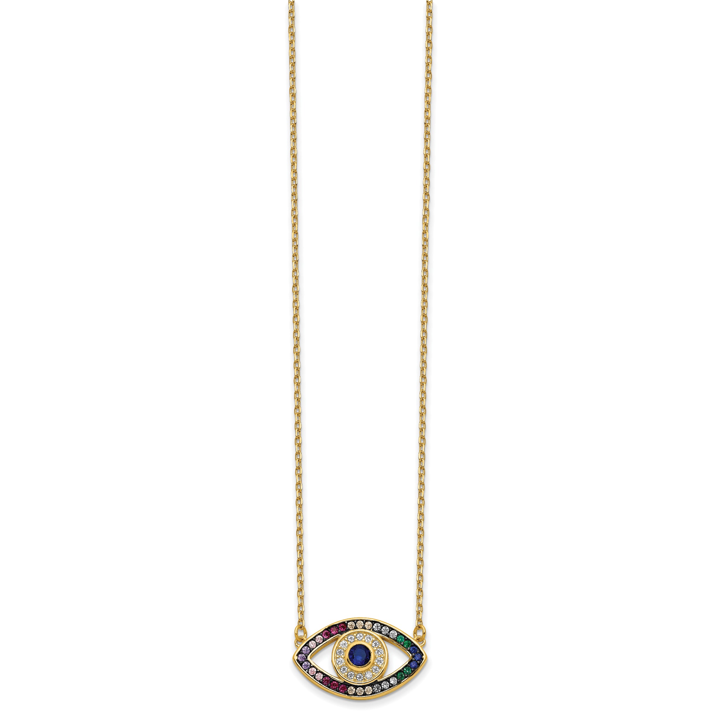 Prizma Sterling Silver Gold-tone 14K Flash Gold-plated 16 inch Colorful CZ Evil Eye Necklace with 2 inch Extender