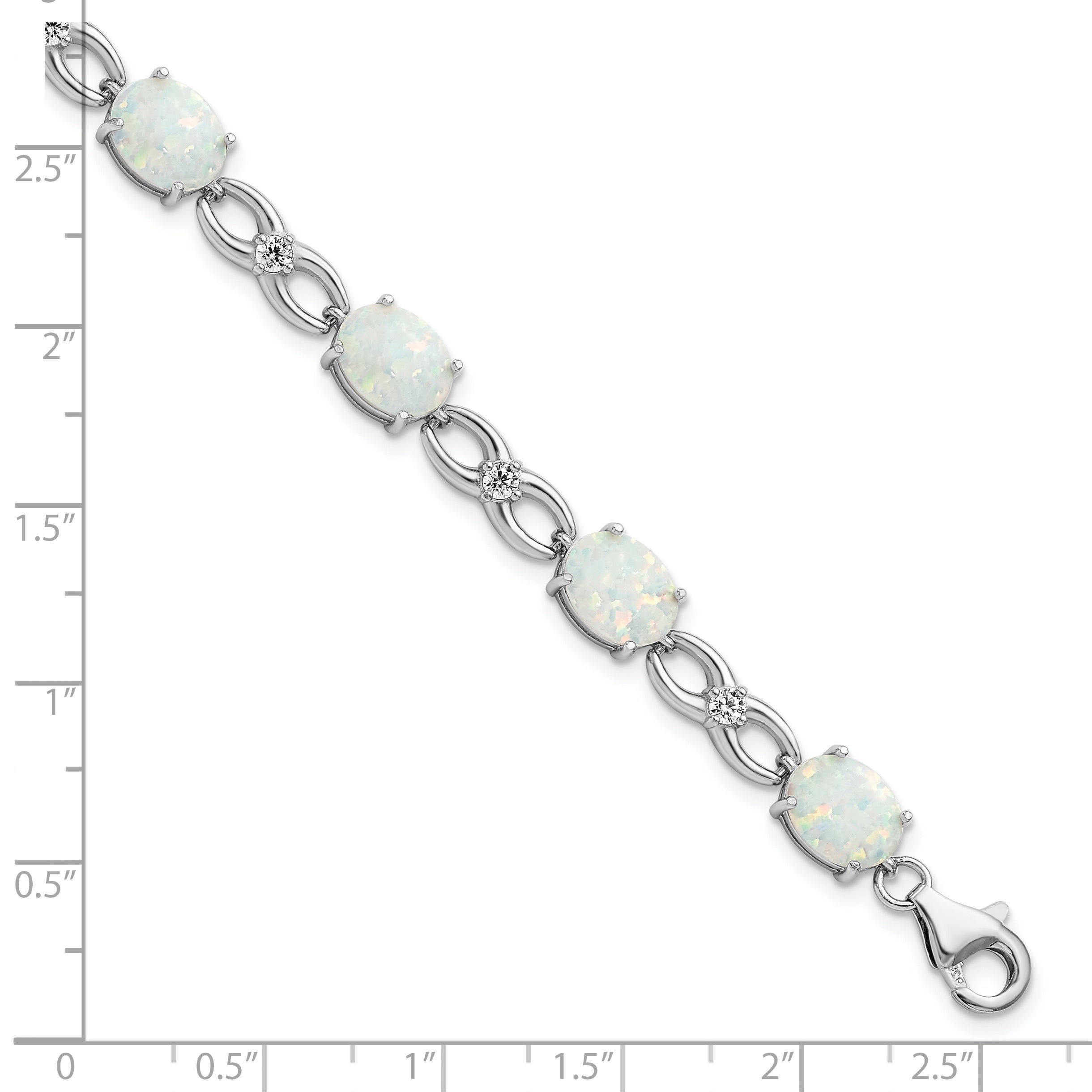 Sterling Silver Rhodium-plated Polished White Created Opal & CZ Bracelet