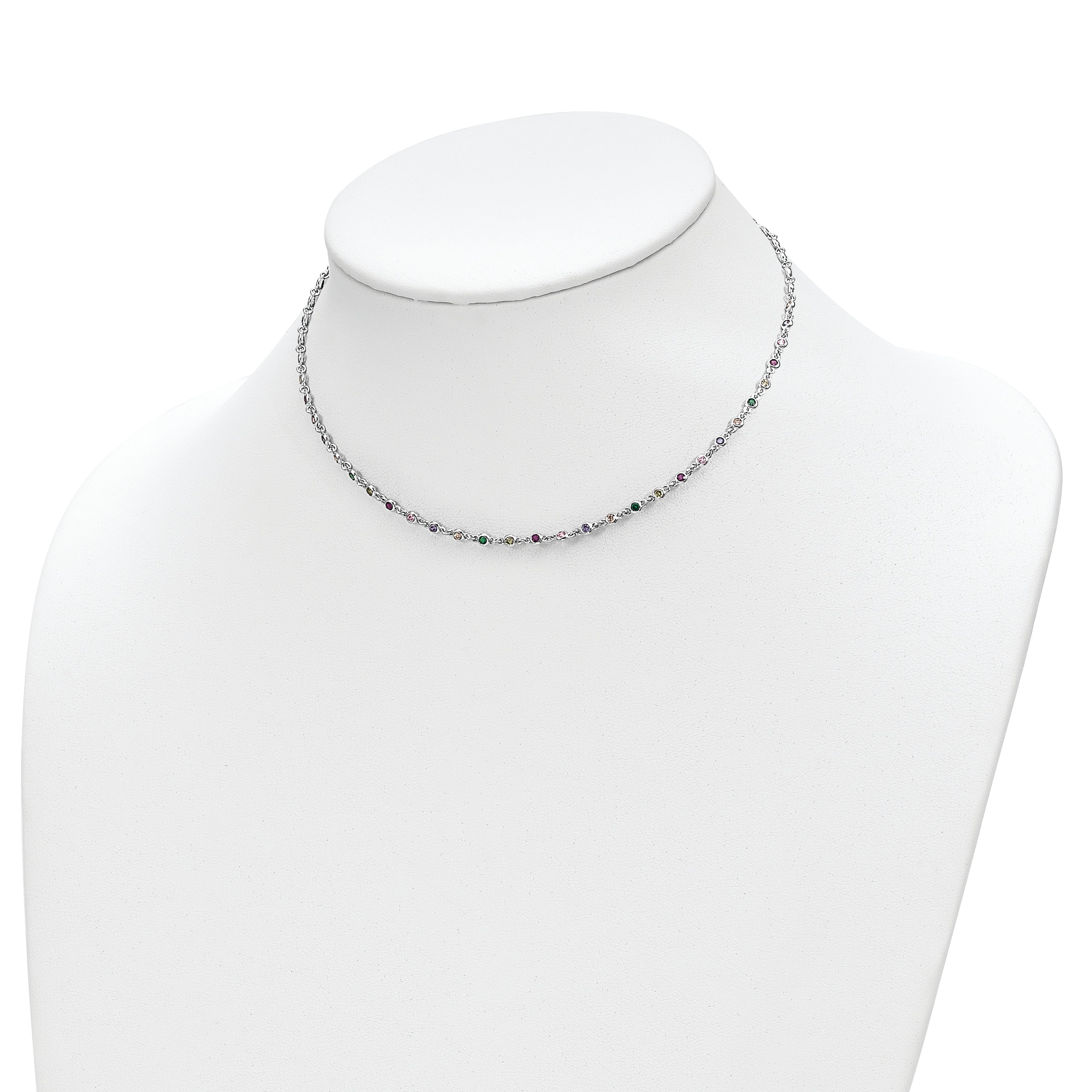 Sterling Silver Rhodium-plated Polished Multi-color CZ w/3 IN EXT Choker