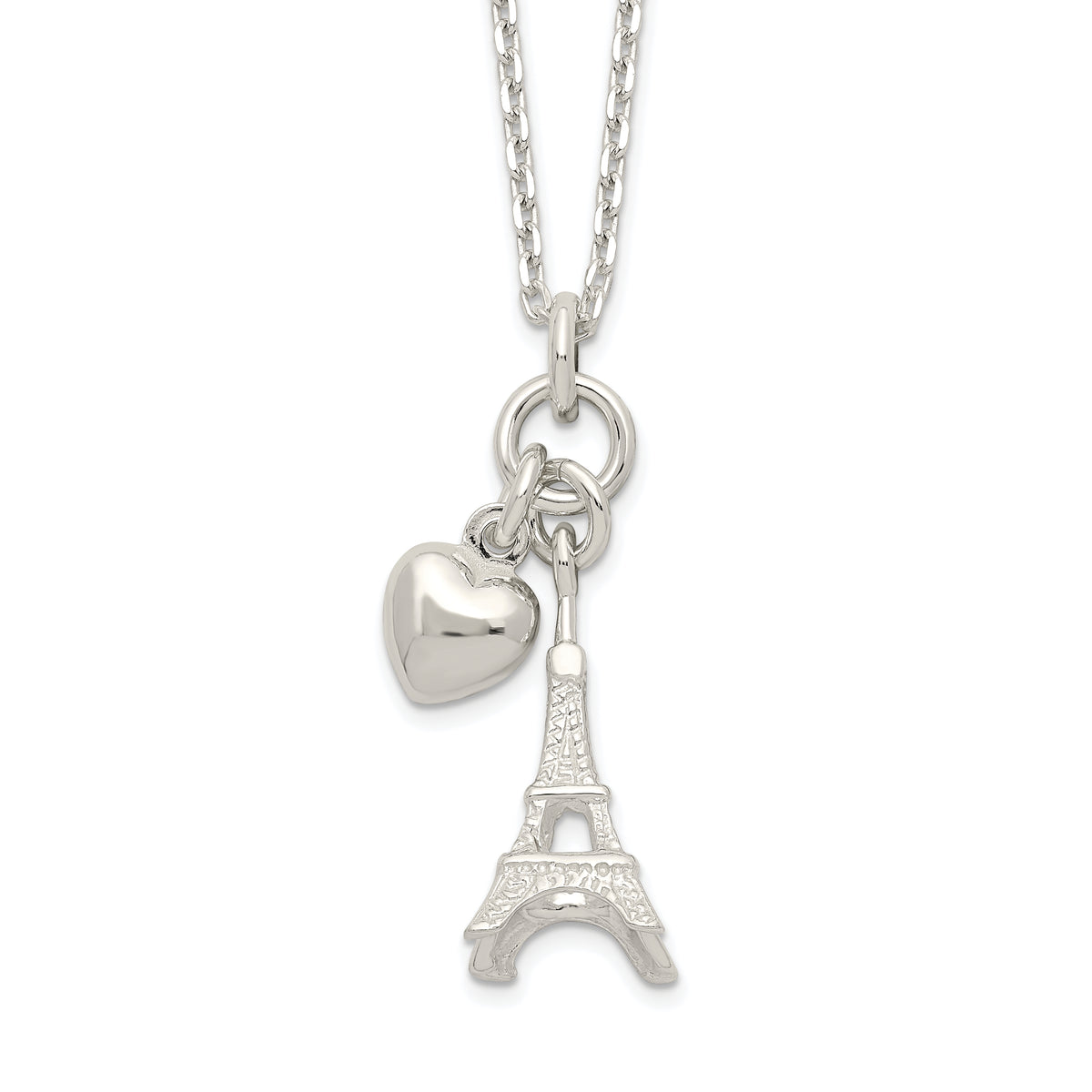 Sterling Silver Polished Eiffel Tower & Heart Necklace