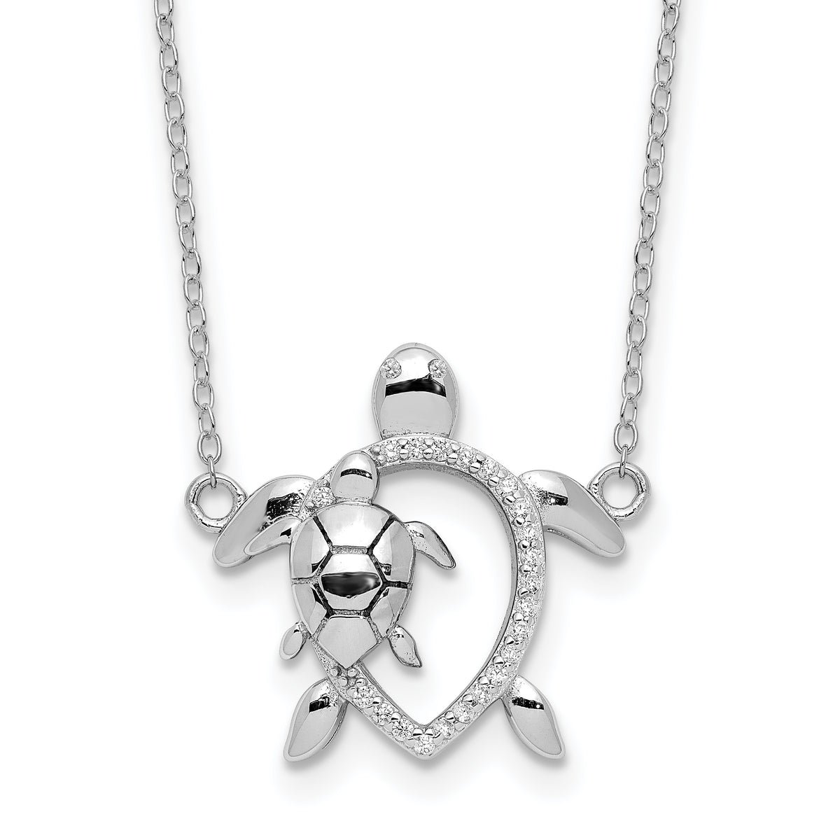 Sterling Silver Rhodium-plated Polished CZ Turtles 16 inch with a 2 inch extention Necklace