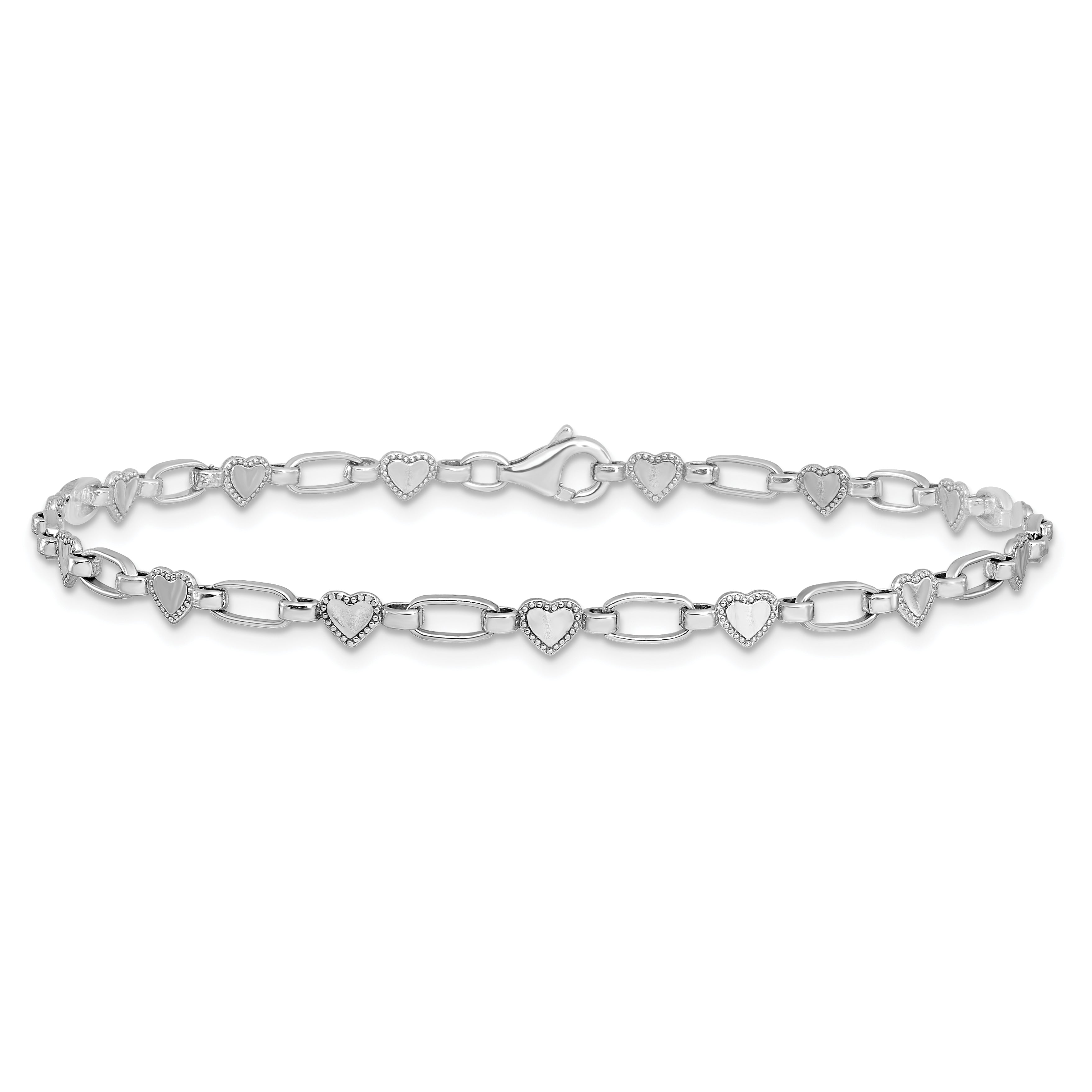 Sterling Silver Rhodium-plated Heart Link 10in Anklet