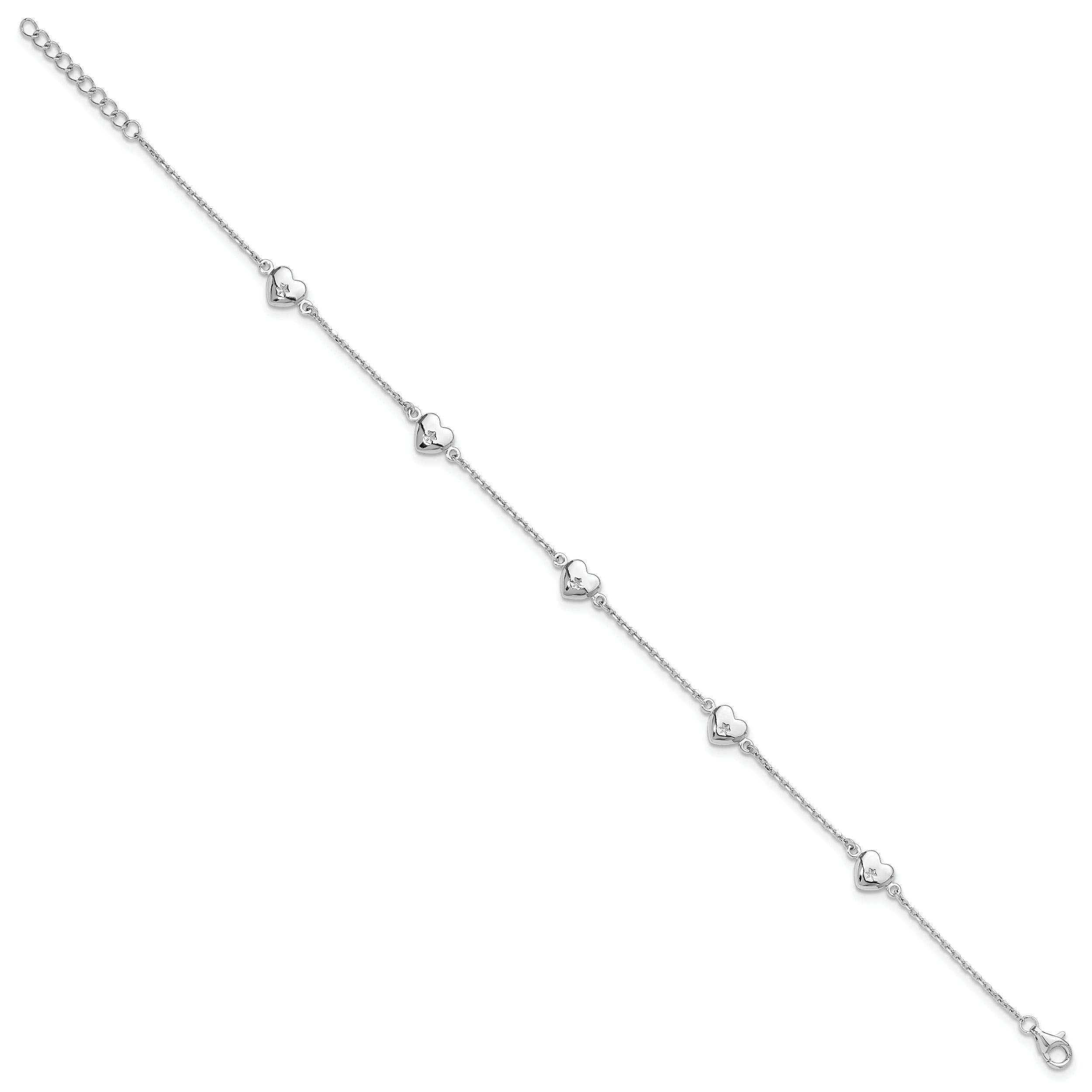 Sterling Silver Rhodium-plated Hearts 9in Plus 1in ext Anklet