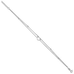 Sterling Silver Rhod-plated Polished Heart Beaded 9in w/1in ext Anklet